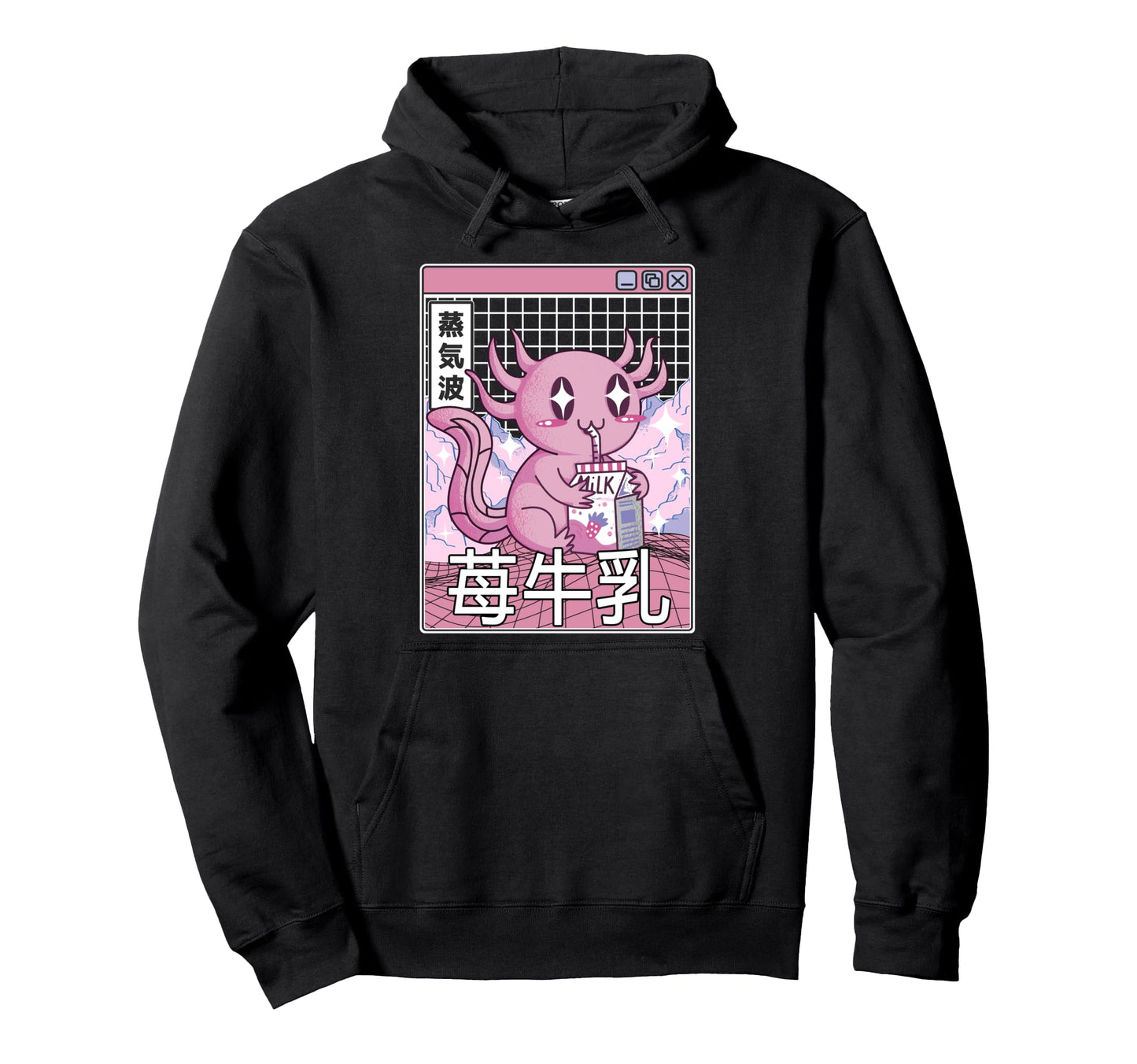 Axolotl Strawberry Milk Kawaii Vaporwave Hoodie - Unique Graphic Unisex - T-Shirt, Sweatshirt, Hoodie