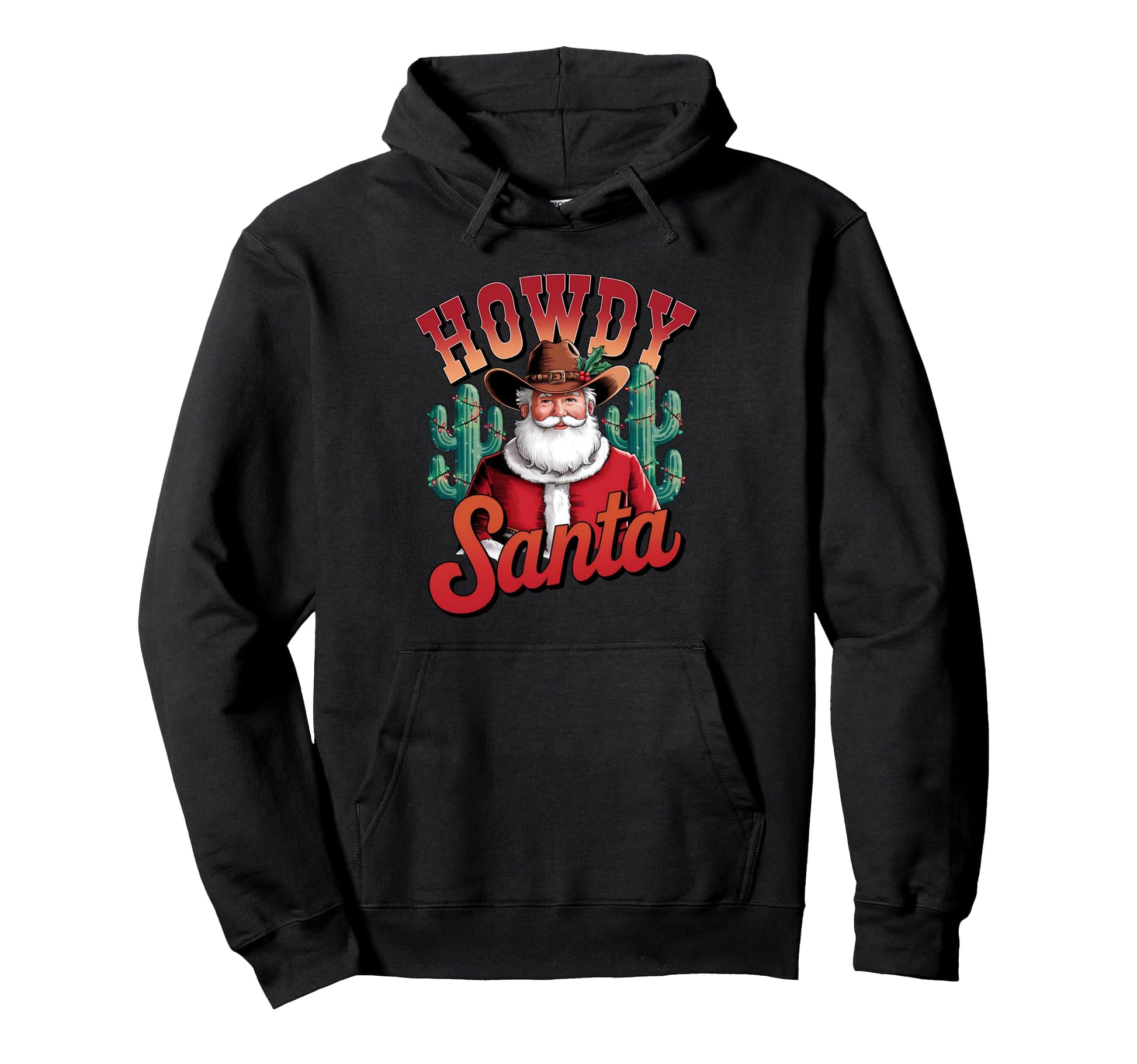 Howdy Santa Cactus Lights Western Hoodie - Minimalist Print for Adults - T-Shirt, Sweatshirt, Hoodie