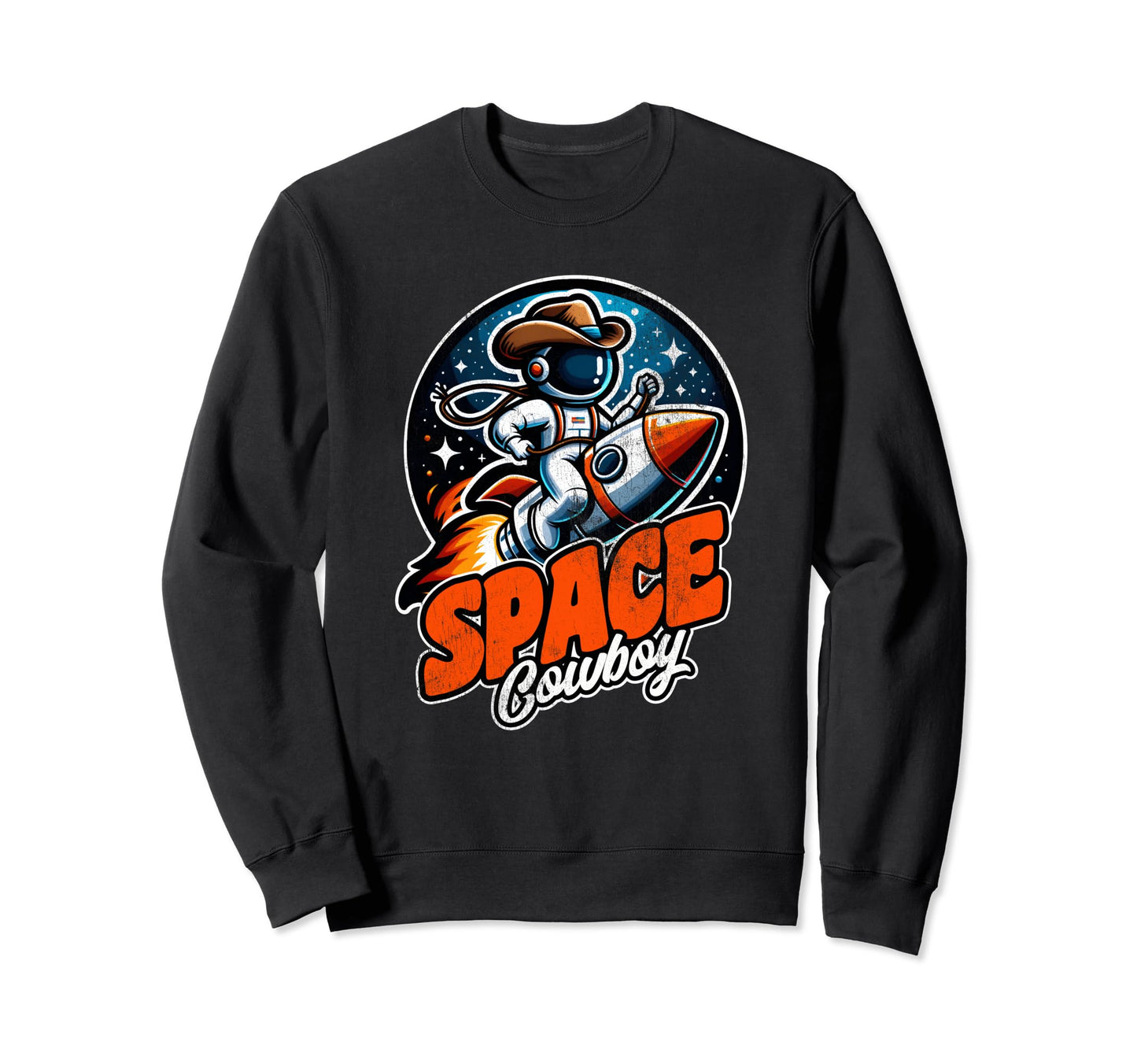 Space Cowboy Astronaut Rocket Distressed Sweatshirt - Trendy Graphic Unisex - T-Shirt, Sweatshirt, Hoodie