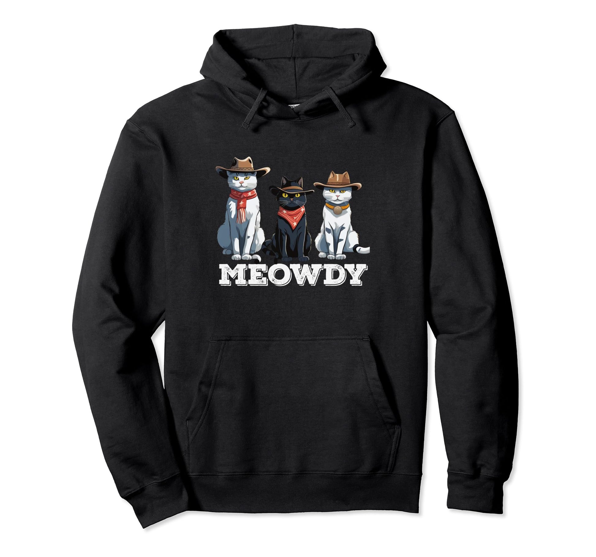 Meowdy Funny Cat Cowboy Hat Hoodie - Casual Everyday Wear for Adults - T-Shirt, Sweatshirt, Hoodie