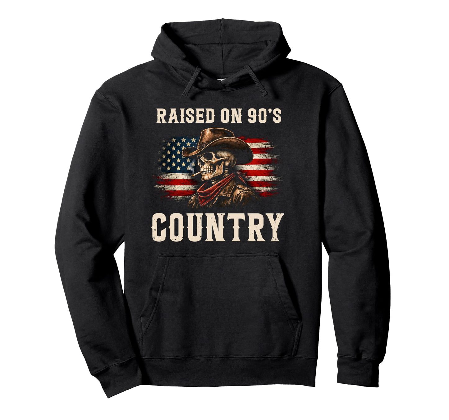 Raised 90S Country Cowboy Skull Western Hoodie - Trendy Graphic for Adults - T-Shirt, Sweatshirt, Hoodie