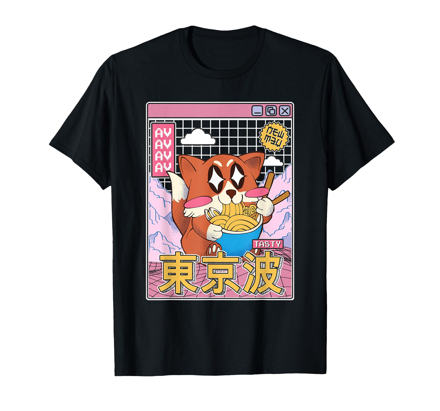 Happy Fox Eating Ramen Vaporwave T-Shirt - Novelty Apparel for Adults - T-Shirt, Sweatshirt, Hoodie
