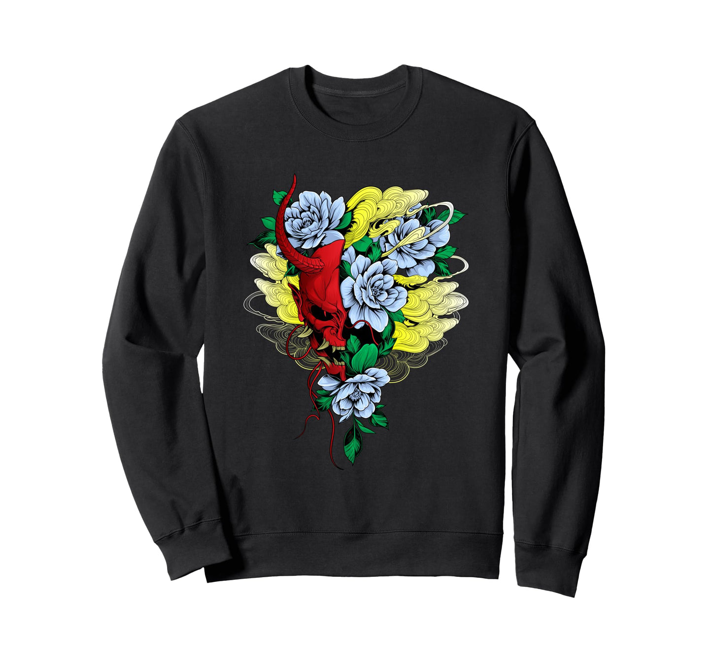 Japanese Oni Mask Flower Aesthetic Sweatshirt - Fun Novelty Design Unisex - T-Shirt, Sweatshirt, Hoodie