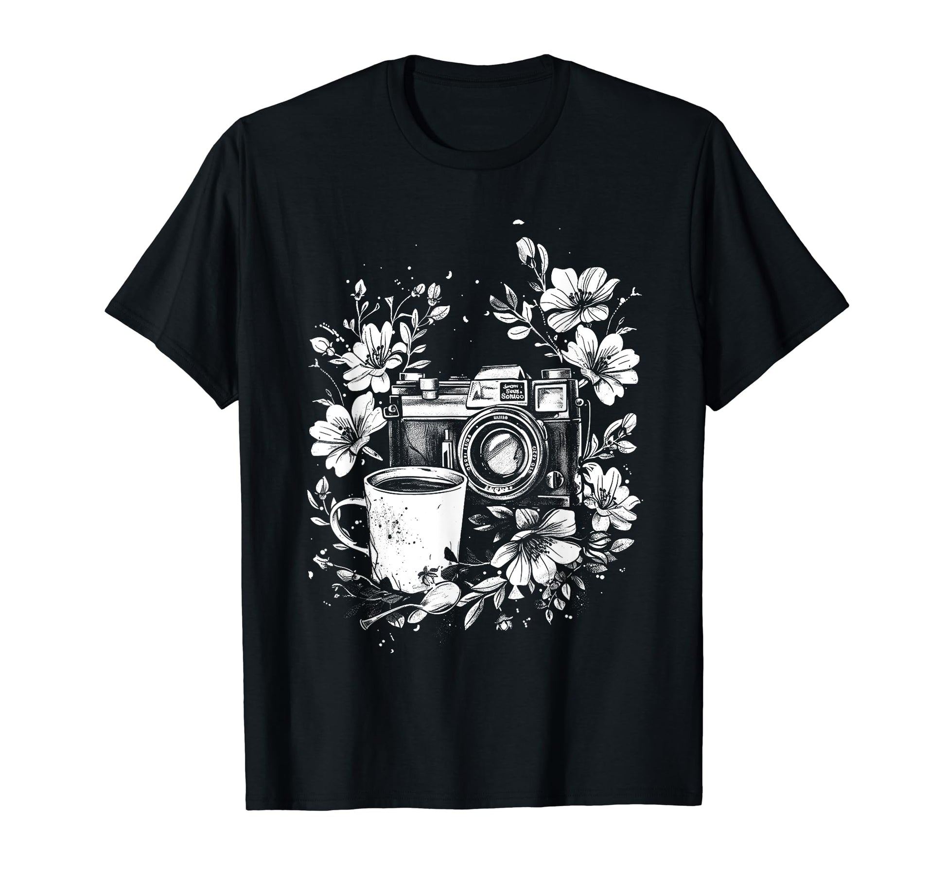 Photographer Coffee Camera Flowers T-Shirt - Custom Art Print Men Women - T-Shirt, Sweatshirt, Hoodie
