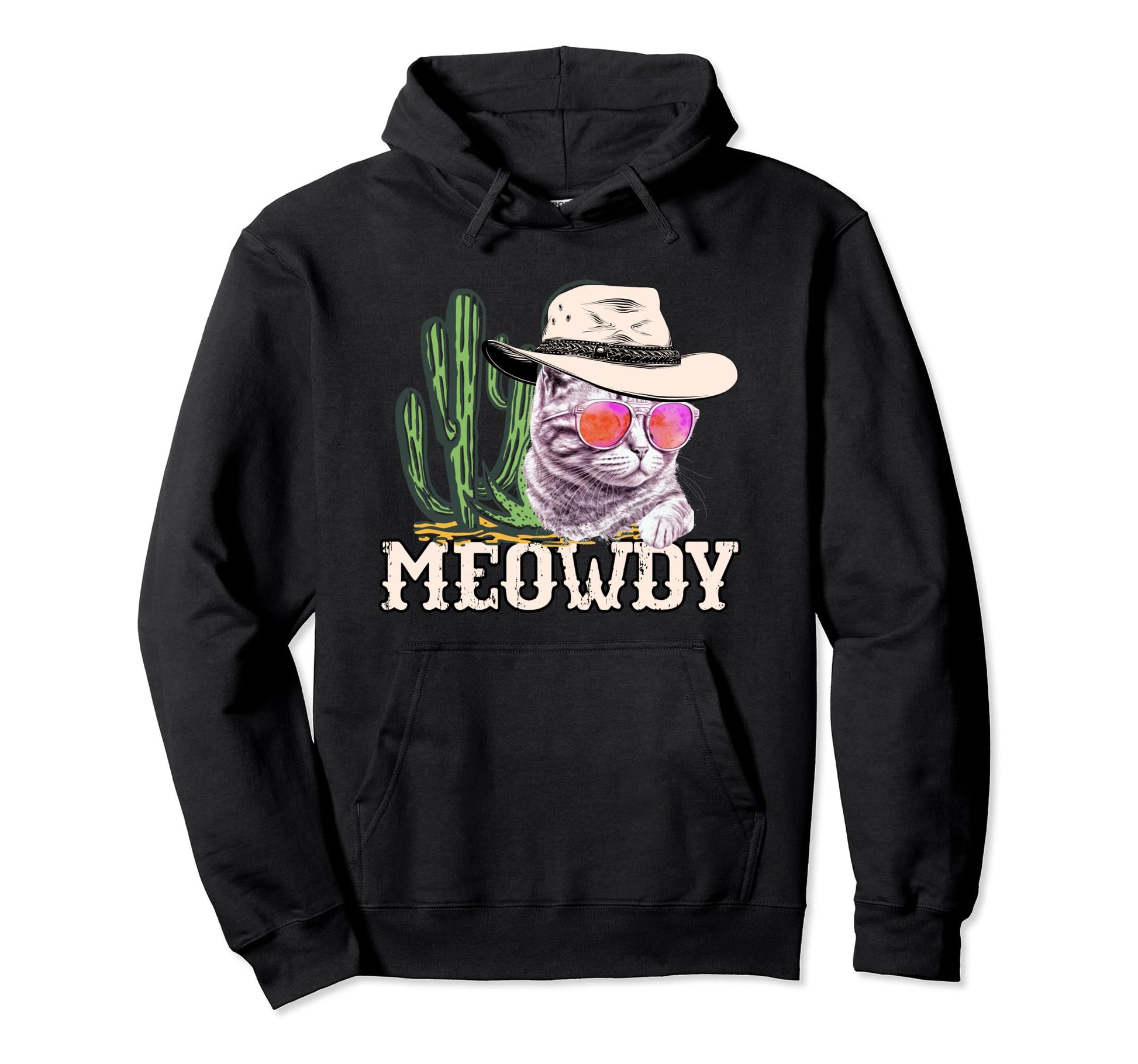Meowdy Funny Country Cat Cowboy Hat Hoodie - Fun Novelty Design Unisex - T-Shirt, Sweatshirt, Hoodie