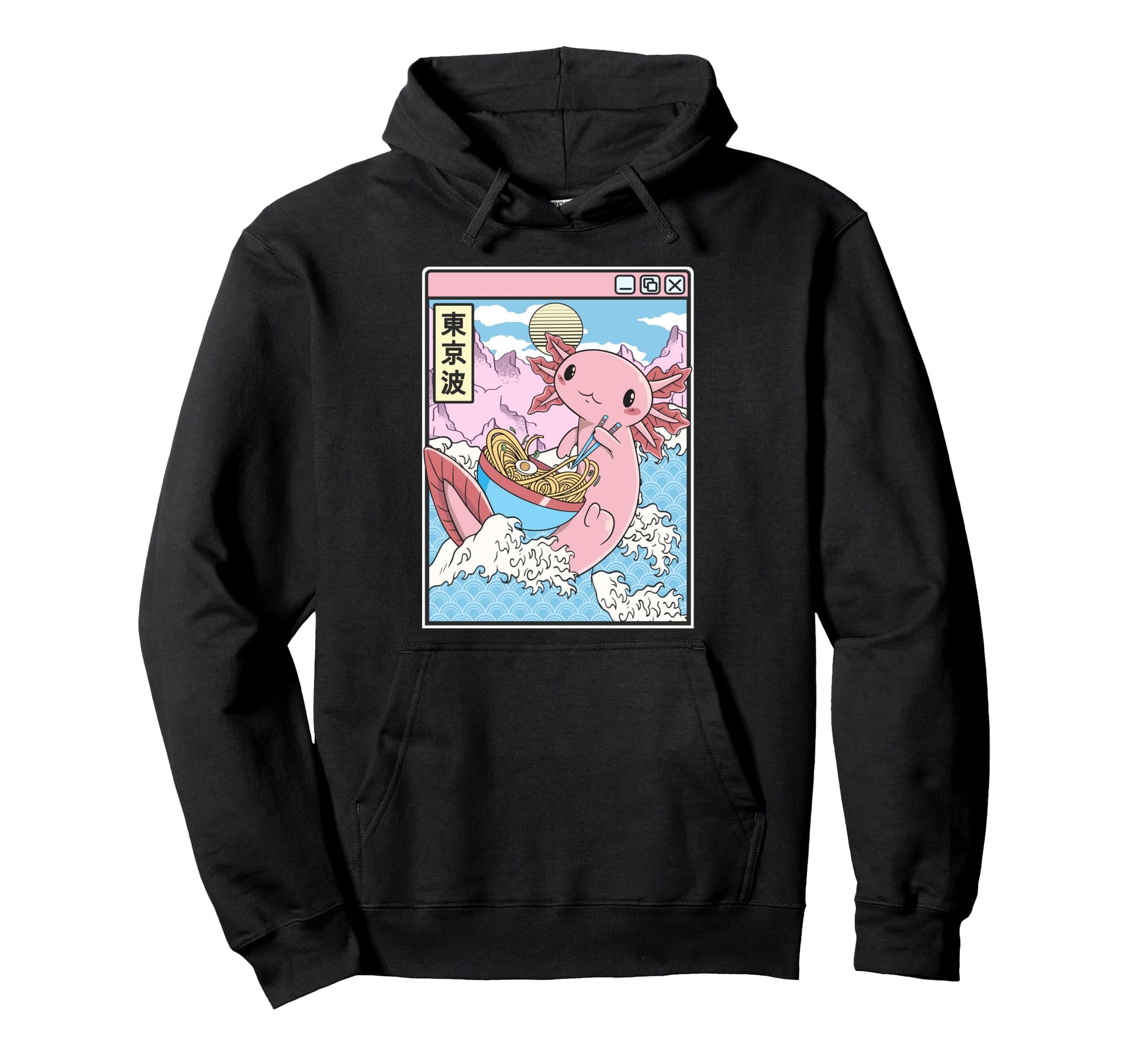 Axolotl Eating Ramen Japan Waves Hoodie - Minimalist Print for Adults - T-Shirt, Sweatshirt, Hoodie