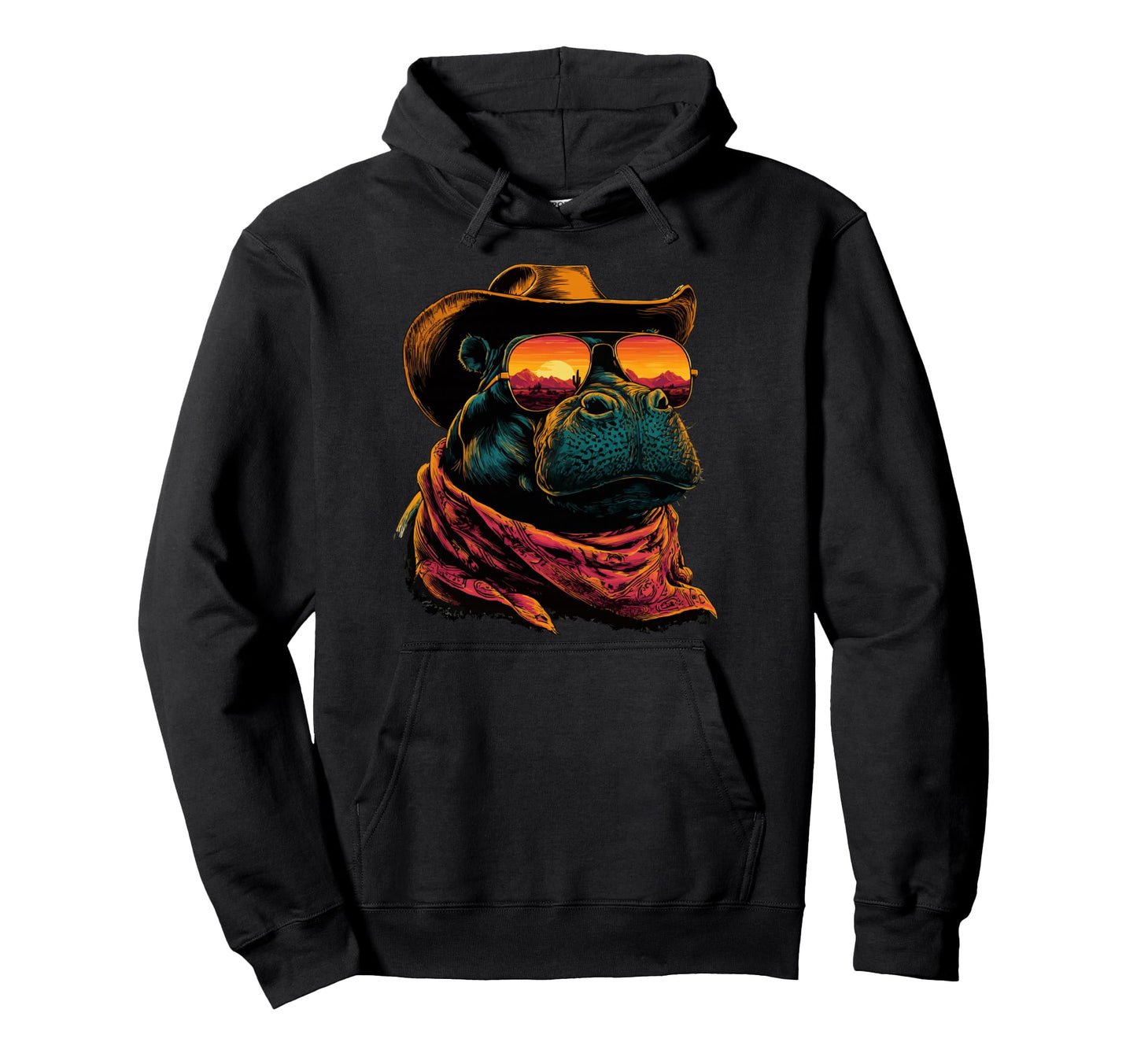 Colorful Hippo Sunglasses Cowboy Hoodie - Custom Art Print for Adults - T-Shirt, Sweatshirt, Hoodie