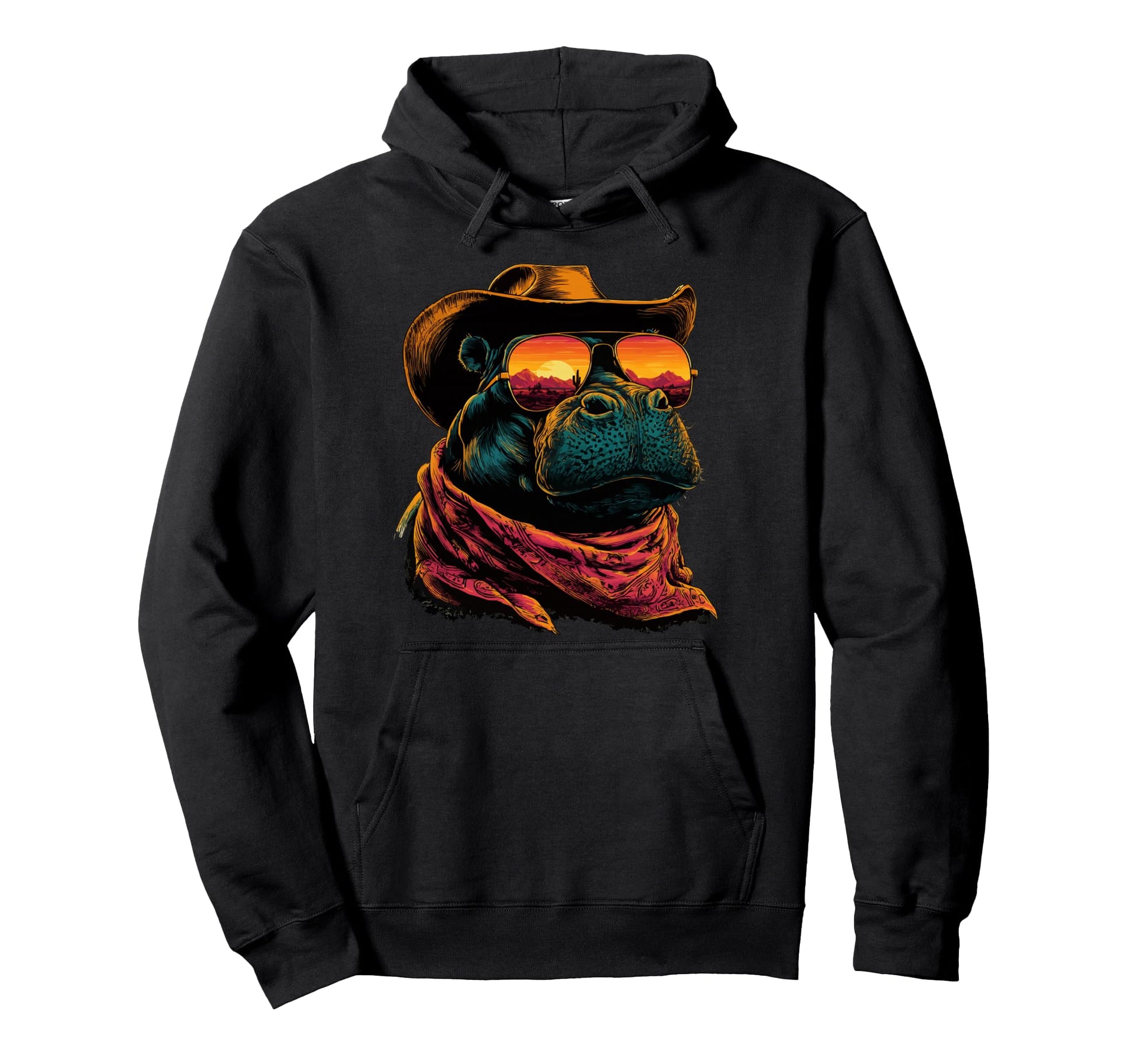 Colorful Hippo Sunglasses Cowboy Hoodie - Custom Art Print for Adults - T-Shirt, Sweatshirt, Hoodie
