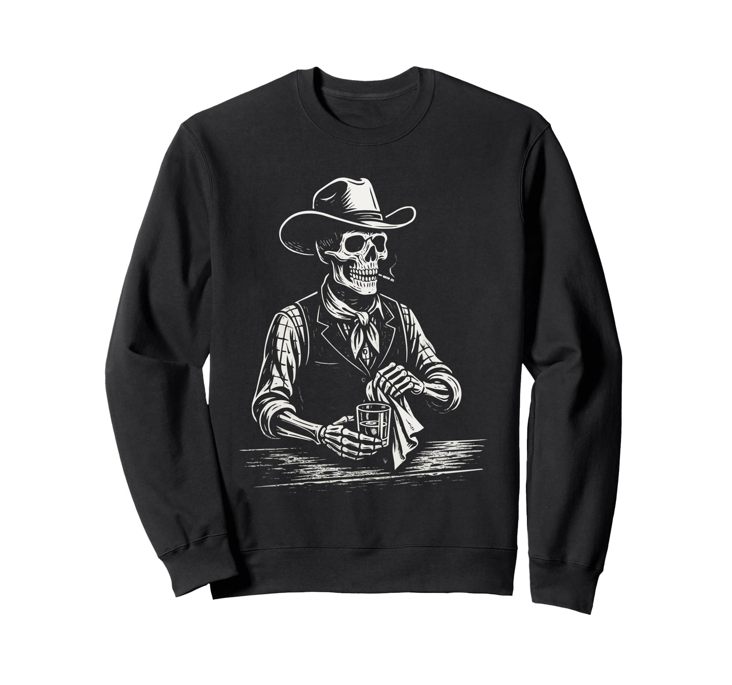 Skeleton Cowboy Smoking Bartender Sweatshirt - Trendy Graphic Unisex - T-Shirt, Sweatshirt, Hoodie