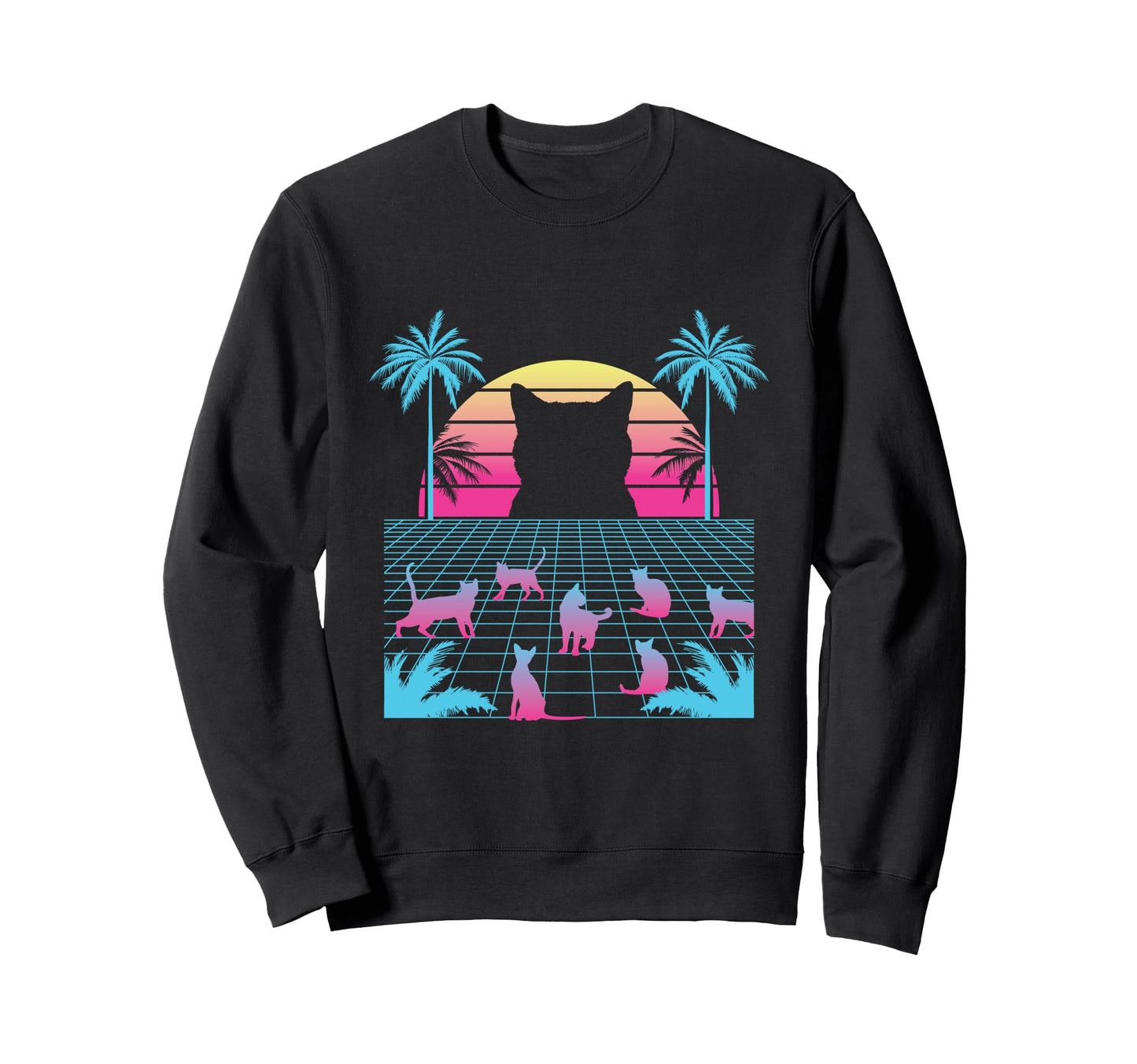 Vaporwave Cats Palm Trees Sweatshirt - Custom Art Print for Adults - T-Shirt, Sweatshirt, Hoodie