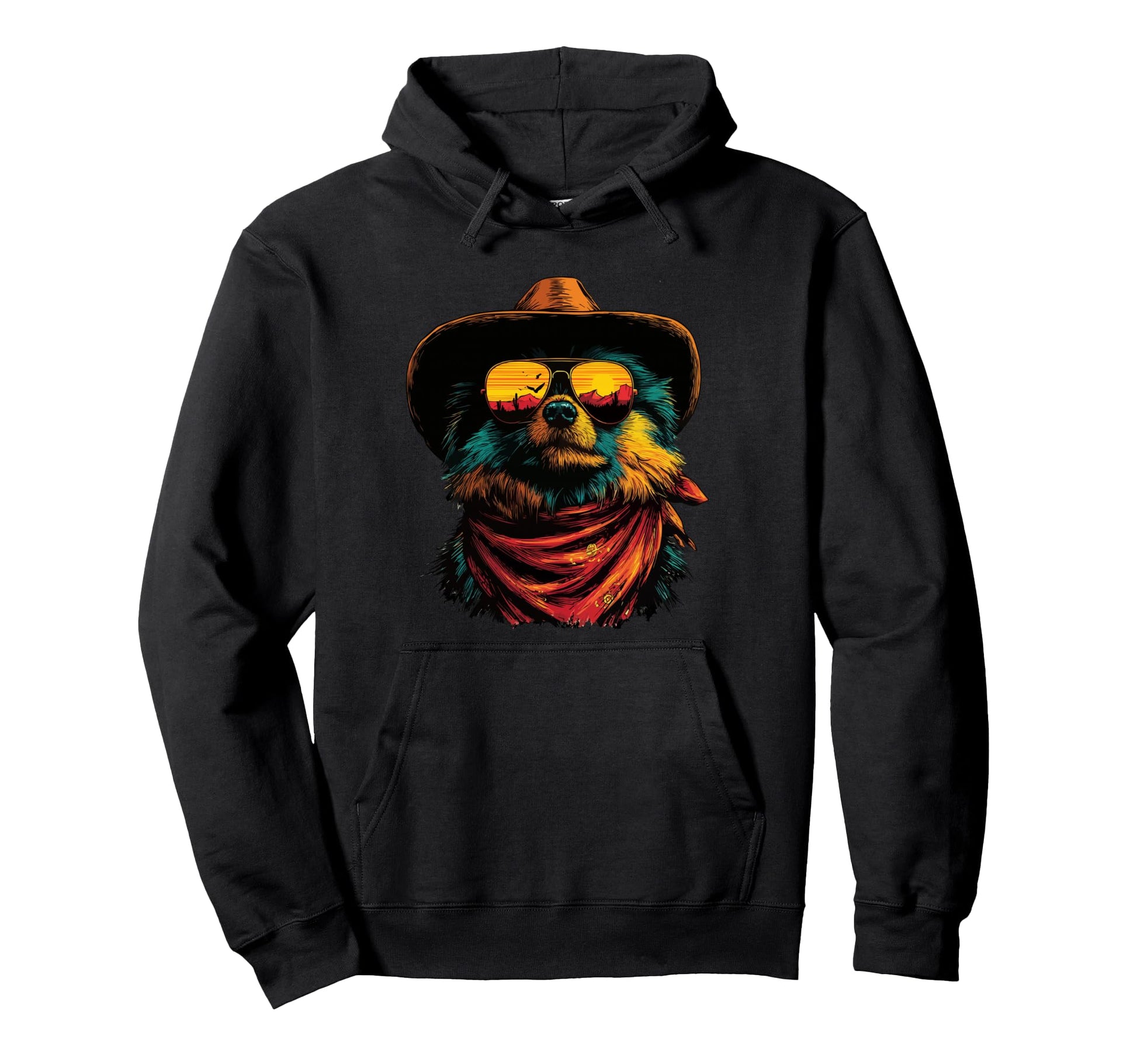 Pomeranian Sunglasses Cowboy Dog Sunset Hoodie - Unique Graphic for Adults - T-Shirt, Sweatshirt, Hoodie