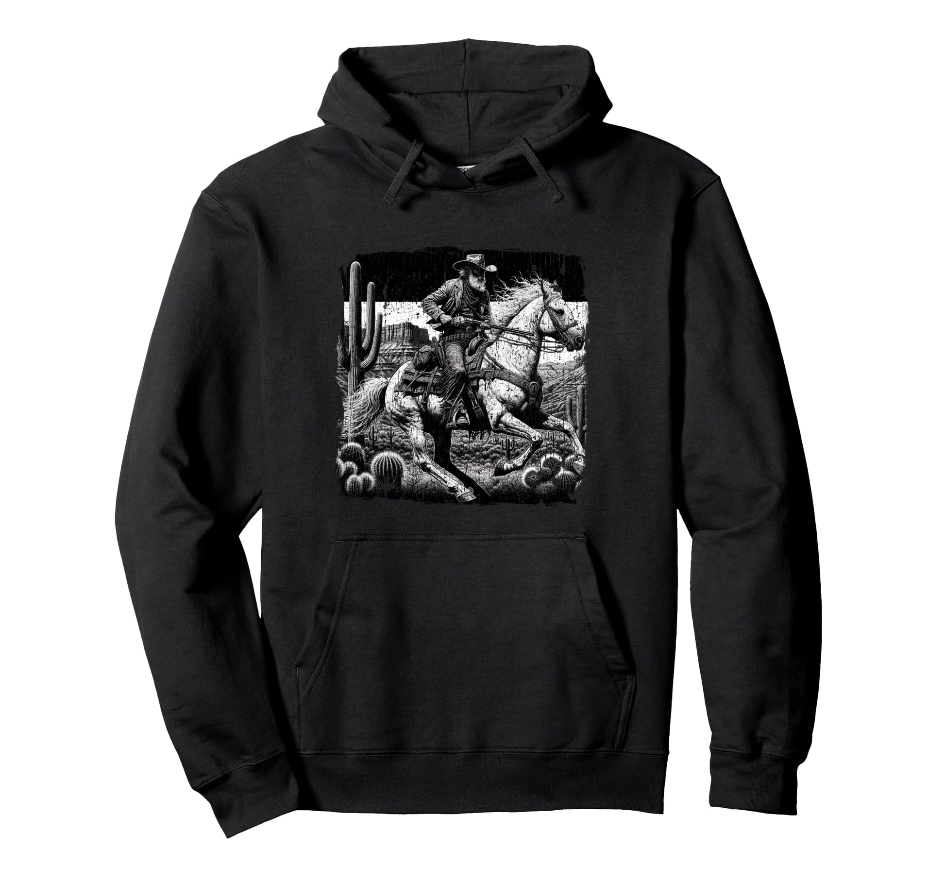Cowboy Riding Horse Faded Western Art Black Hoodie - Trendy Graphic Unisex - T-Shirt, Sweatshirt, Hoodie