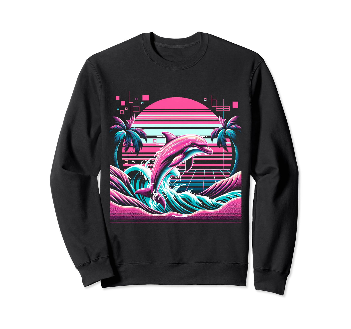 Dolphin Palm Sunset Vaporwave 80S Sweatshirt - Graphic Print for Adults - T-Shirt, Sweatshirt, Hoodie
