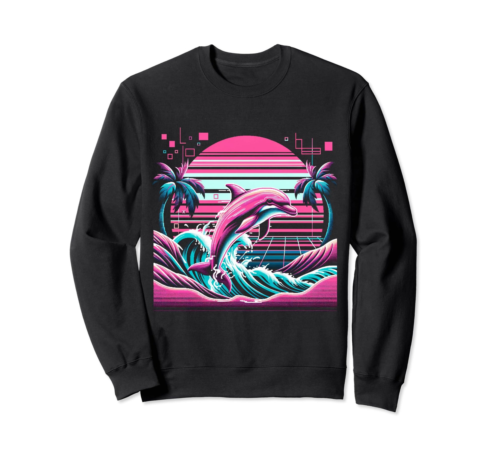 Dolphin Palm Sunset Vaporwave 80S Sweatshirt - Graphic Print for Adults - T-Shirt, Sweatshirt, Hoodie