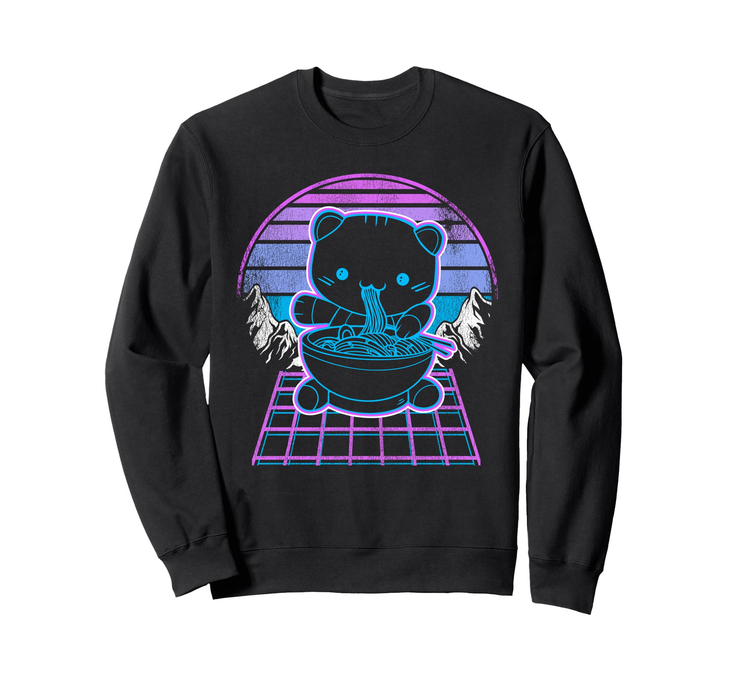 Ramen Cat Kawaii Retrowave Sweatshirt - Fun Novelty Design for Adults - T-Shirt, Sweatshirt, Hoodie