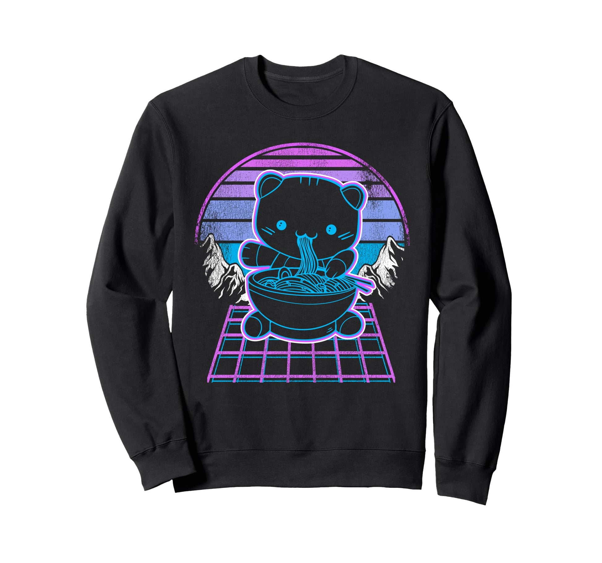 Ramen Cat Kawaii Retrowave Sweatshirt - Fun Novelty Design for Adults - T-Shirt, Sweatshirt, Hoodie