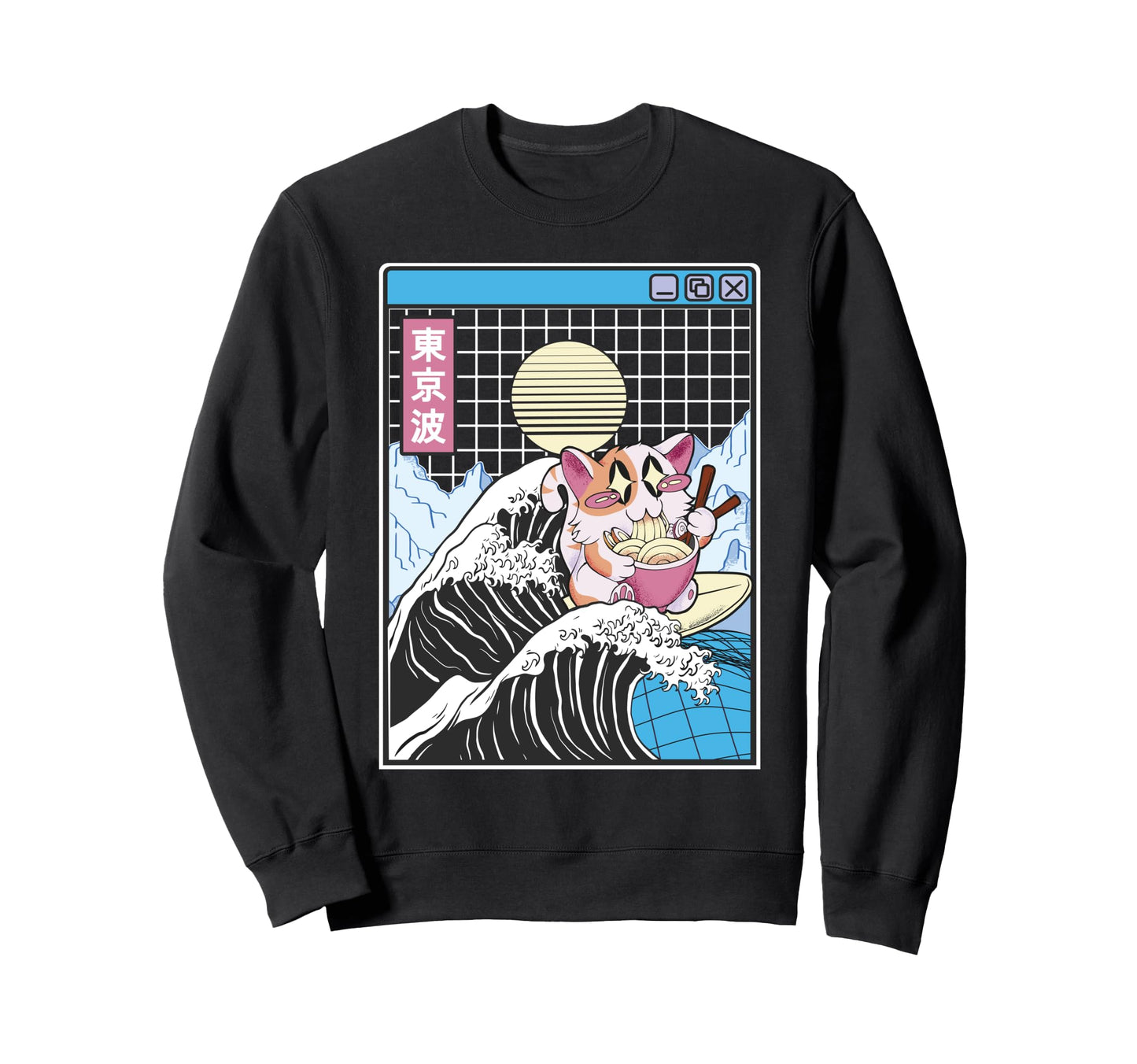 Happy Cat Eating Ramen Surfing Sweatshirt - Aesthetic Graphic for Adults - T-Shirt, Sweatshirt, Hoodie