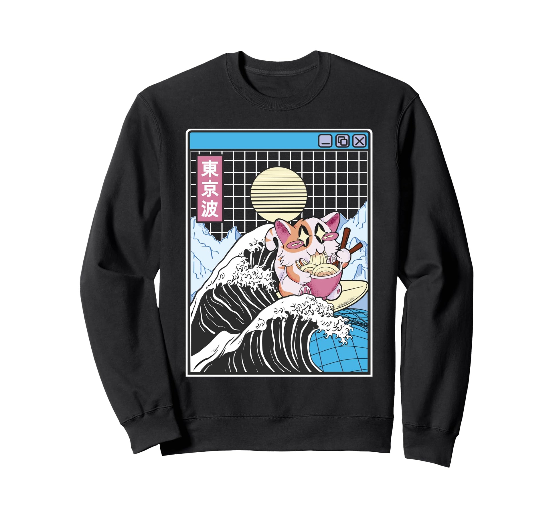 Happy Cat Eating Ramen Surfing Sweatshirt - Aesthetic Graphic for Adults - T-Shirt, Sweatshirt, Hoodie