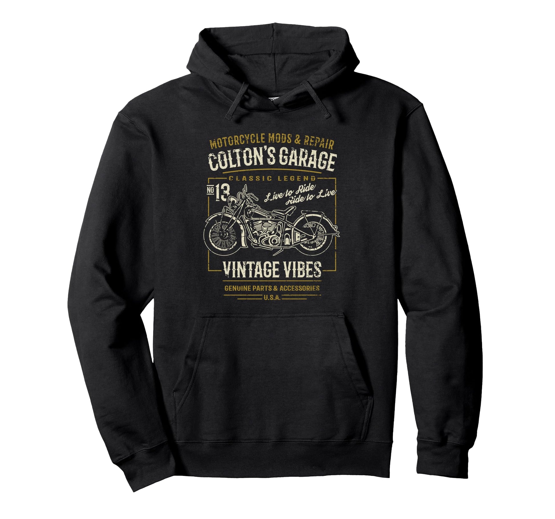 Coltons Garage Motorcycle Hoodie - Fun Novelty Design for Adults - T-Shirt, Sweatshirt, Hoodie