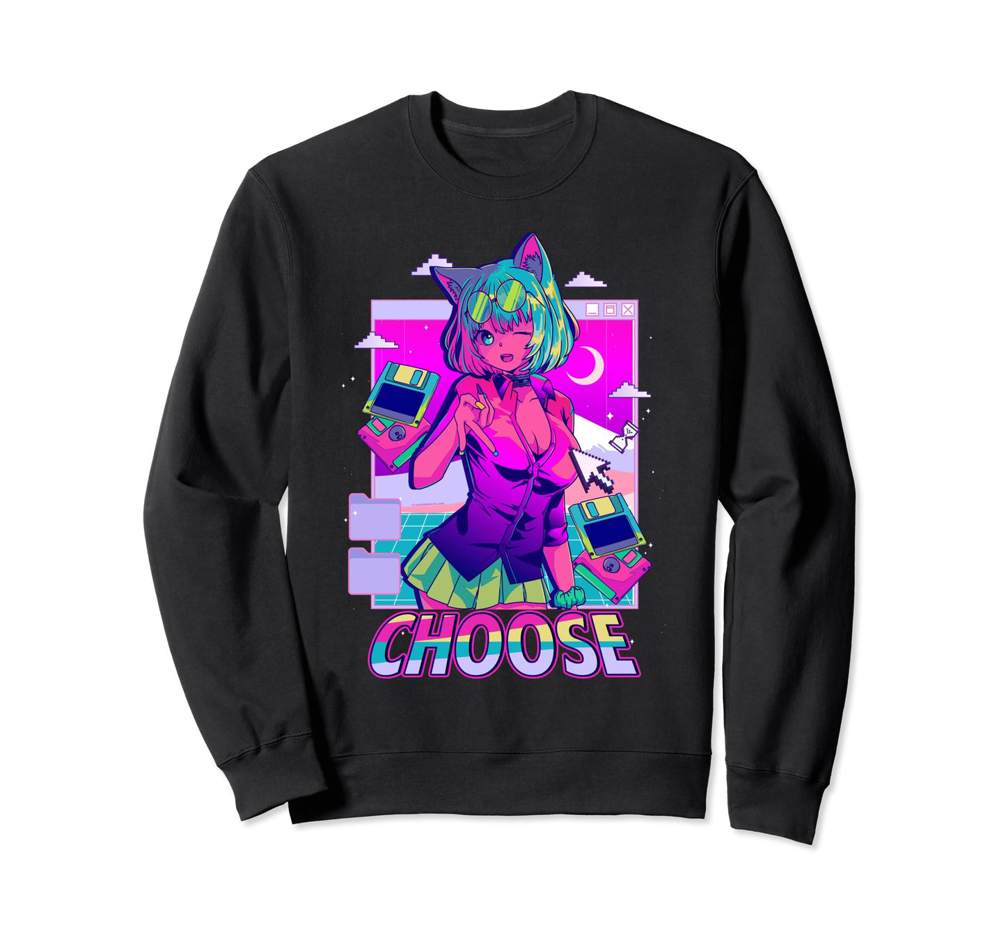 Japanese Synthwave Choose Floppy Sweatshirt - Aesthetic Graphic for Adults - T-Shirt, Sweatshirt, Hoodie