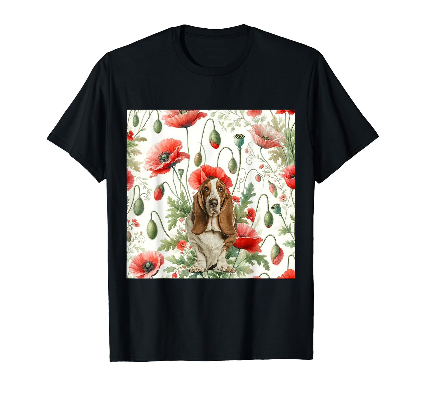 Basset Hound Dog Red Poppy Floral Pattern T-Shirt - Graphic Print Men Women - T-Shirt, Sweatshirt, Hoodie
