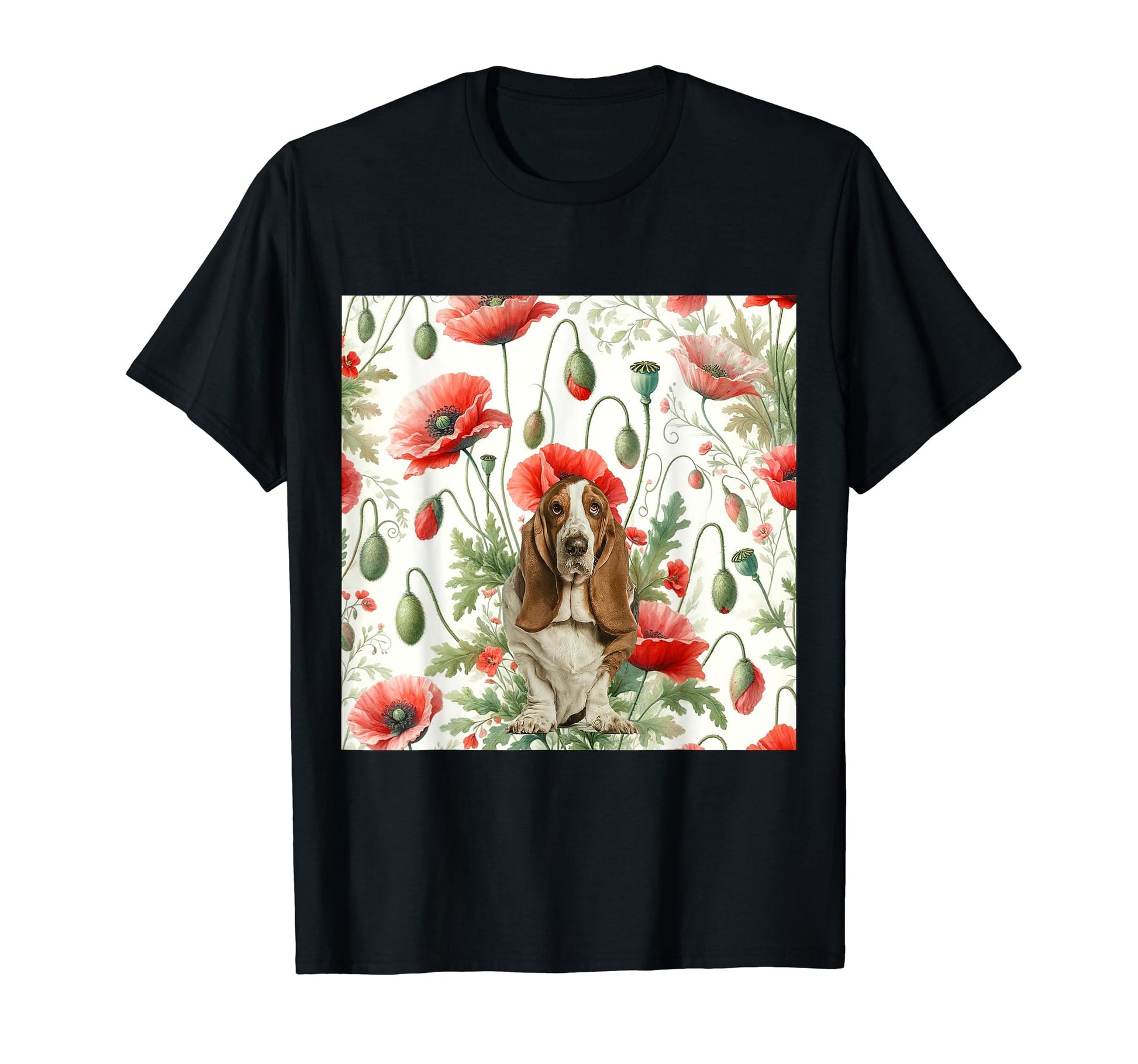 Basset Hound Dog Red Poppy Floral Pattern T-Shirt - Graphic Print Men Women - T-Shirt, Sweatshirt, Hoodie
