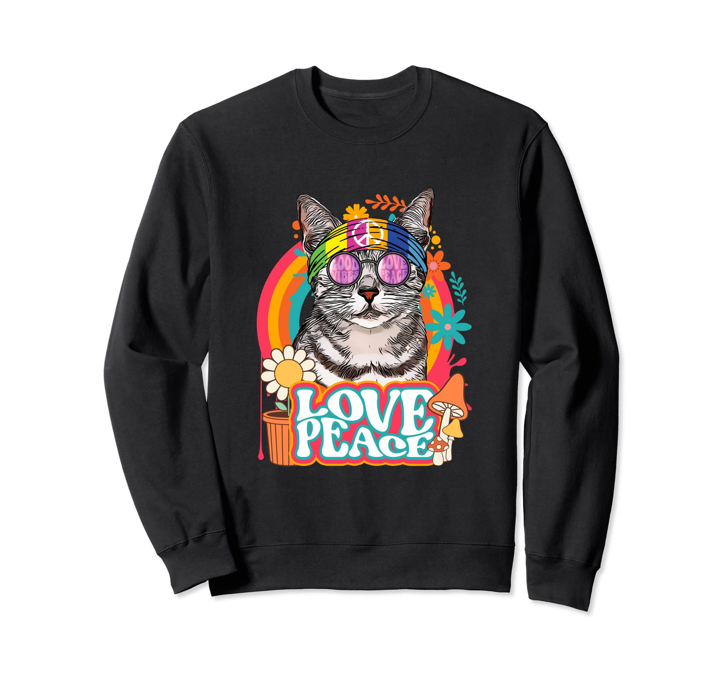 Hippie Cat Rainbow 60S 70S Peace Sign Sweatshirt - Trendy Graphic Unisex - T-Shirt, Sweatshirt, Hoodie
