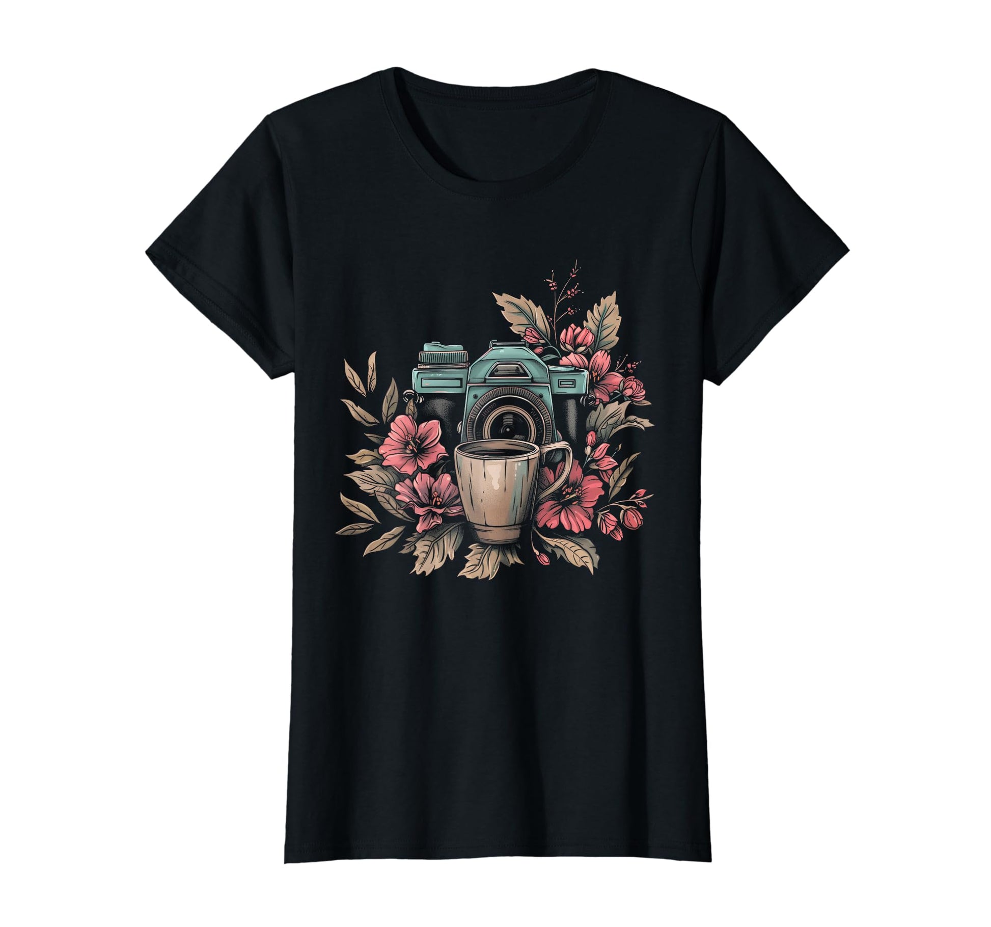Photographer Coffee Camera Flowers T-Shirt - Trendy Graphic Unisex - T-Shirt, Sweatshirt, Hoodie