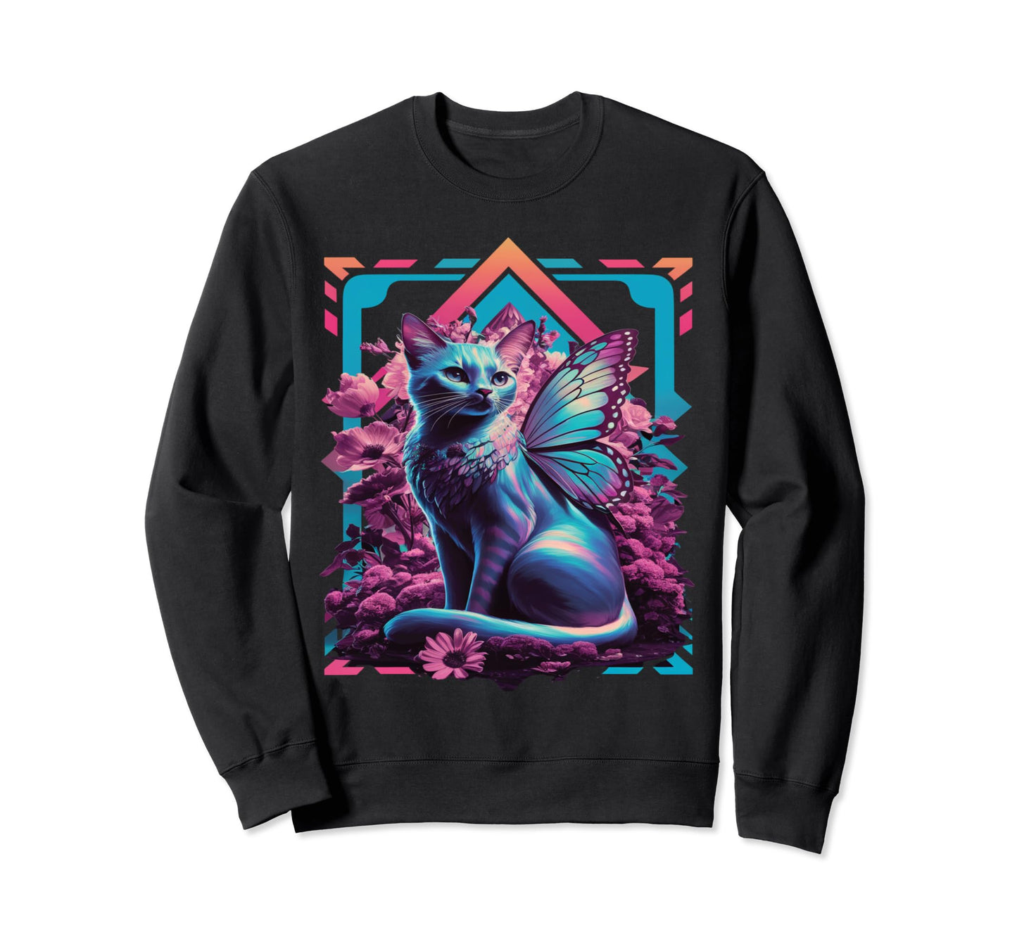 Butterfly Cat Vaporwave Cat Sweatshirt - Fun Novelty Design for Adults - T-Shirt, Sweatshirt, Hoodie