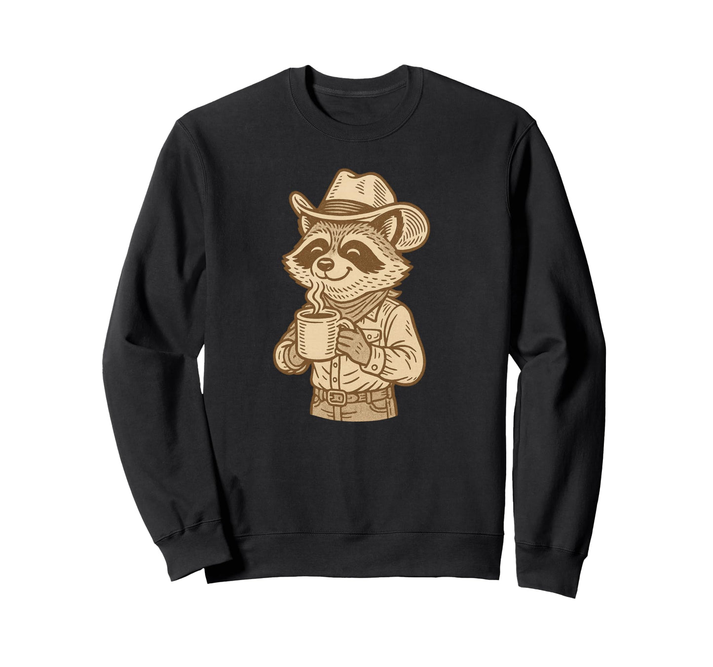 Cowboy Raccoon Drinking Coffee Sweatshirt - Graphic Print for Adults - T-Shirt, Sweatshirt, Hoodie