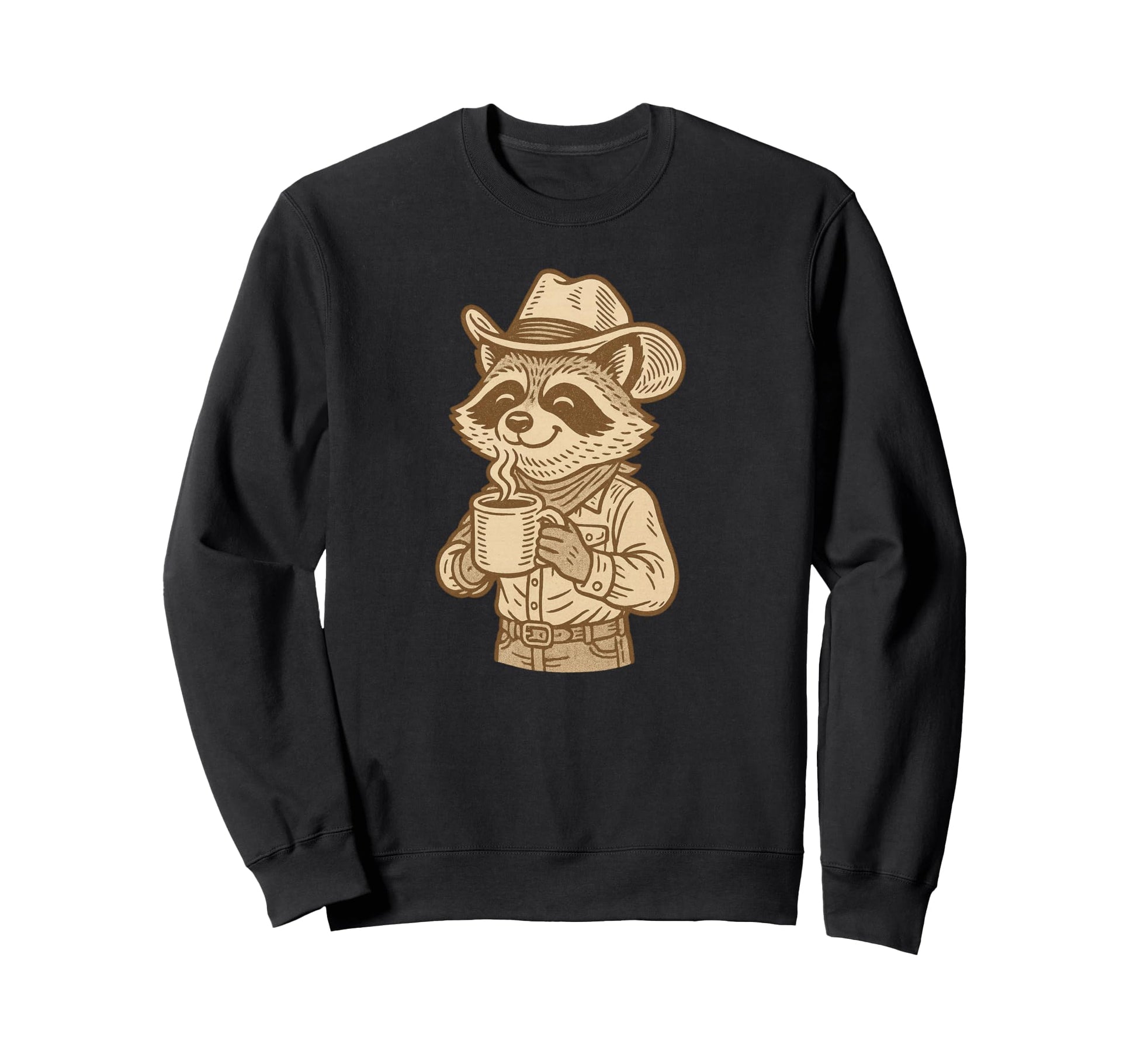 Cowboy Raccoon Drinking Coffee Sweatshirt - Graphic Print for Adults - T-Shirt, Sweatshirt, Hoodie