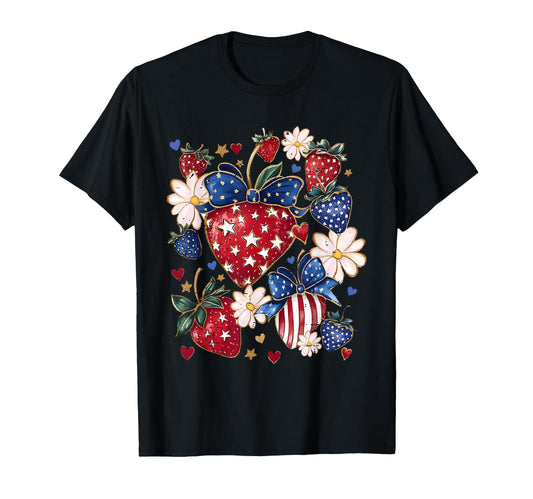Boho 4Th July Strawberry Coquette T-Shirt - Aesthetic Graphic for Adults - T-Shirt, Sweatshirt, Hoodie