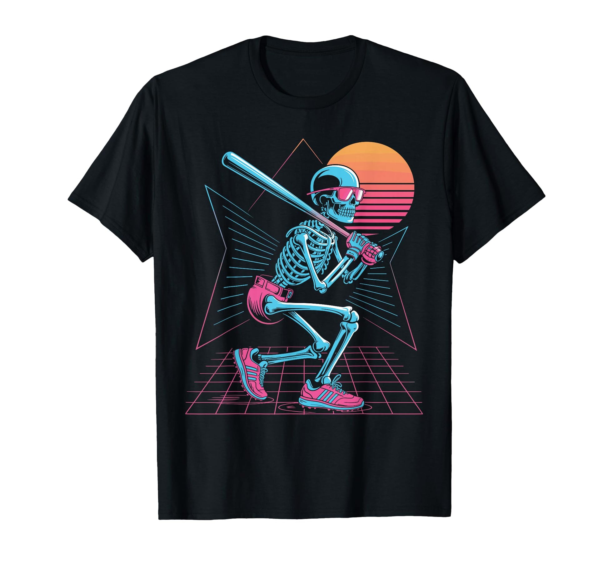 80S Skeleton Baseball Synthwave T-Shirt - Casual Everyday Wear Unisex - T-Shirt, Sweatshirt, Hoodie
