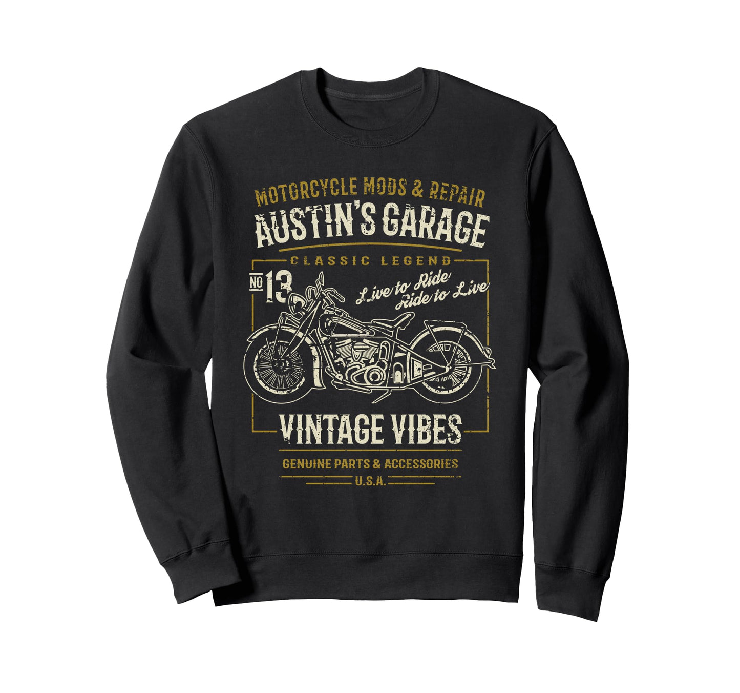 Austins Garage Motorcycle Sweatshirt - Unique Graphic Unisex - T-Shirt, Sweatshirt, Hoodie