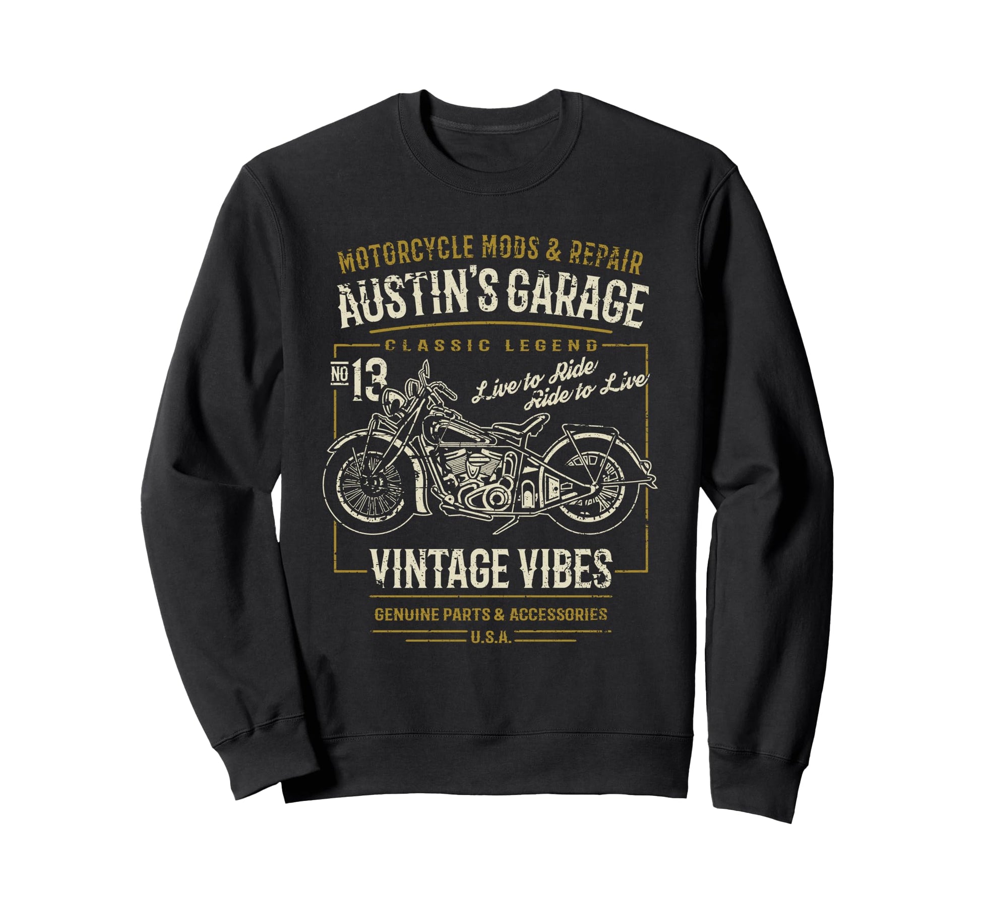 Austins Garage Motorcycle Sweatshirt - Unique Graphic Unisex - T-Shirt, Sweatshirt, Hoodie