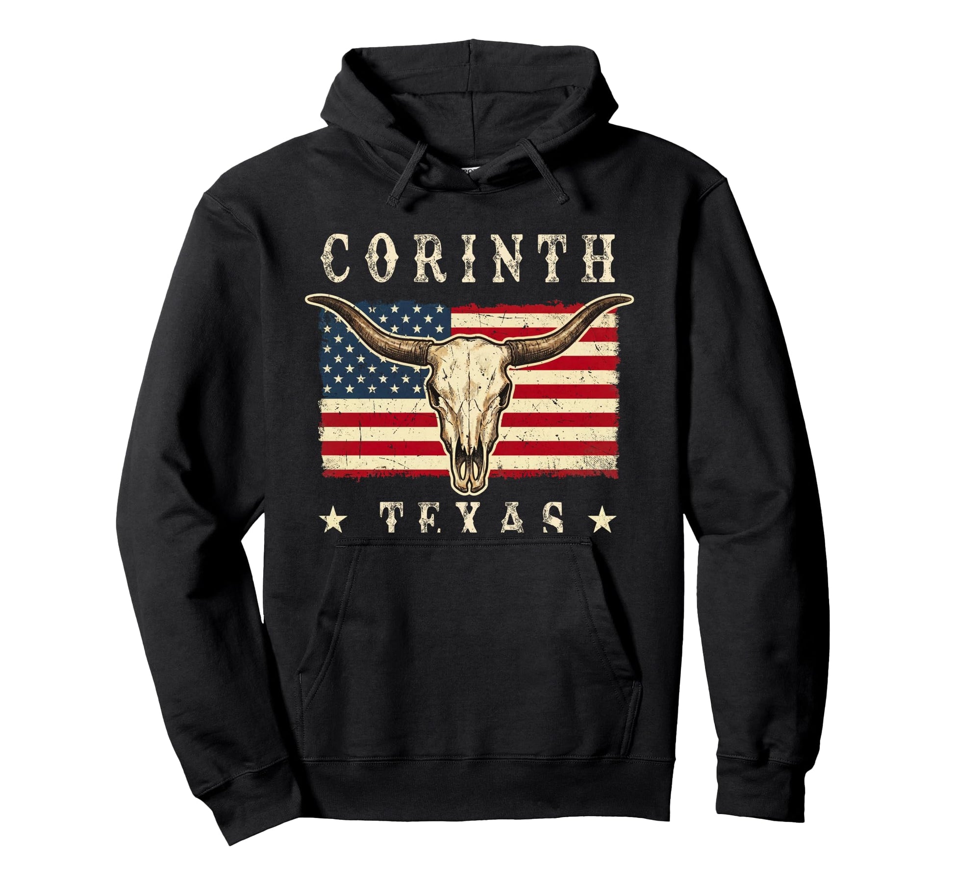 Corinth Texas Western Patriotic Skull Hoodie - Custom Art Print Men Women - T-Shirt, Sweatshirt, Hoodie