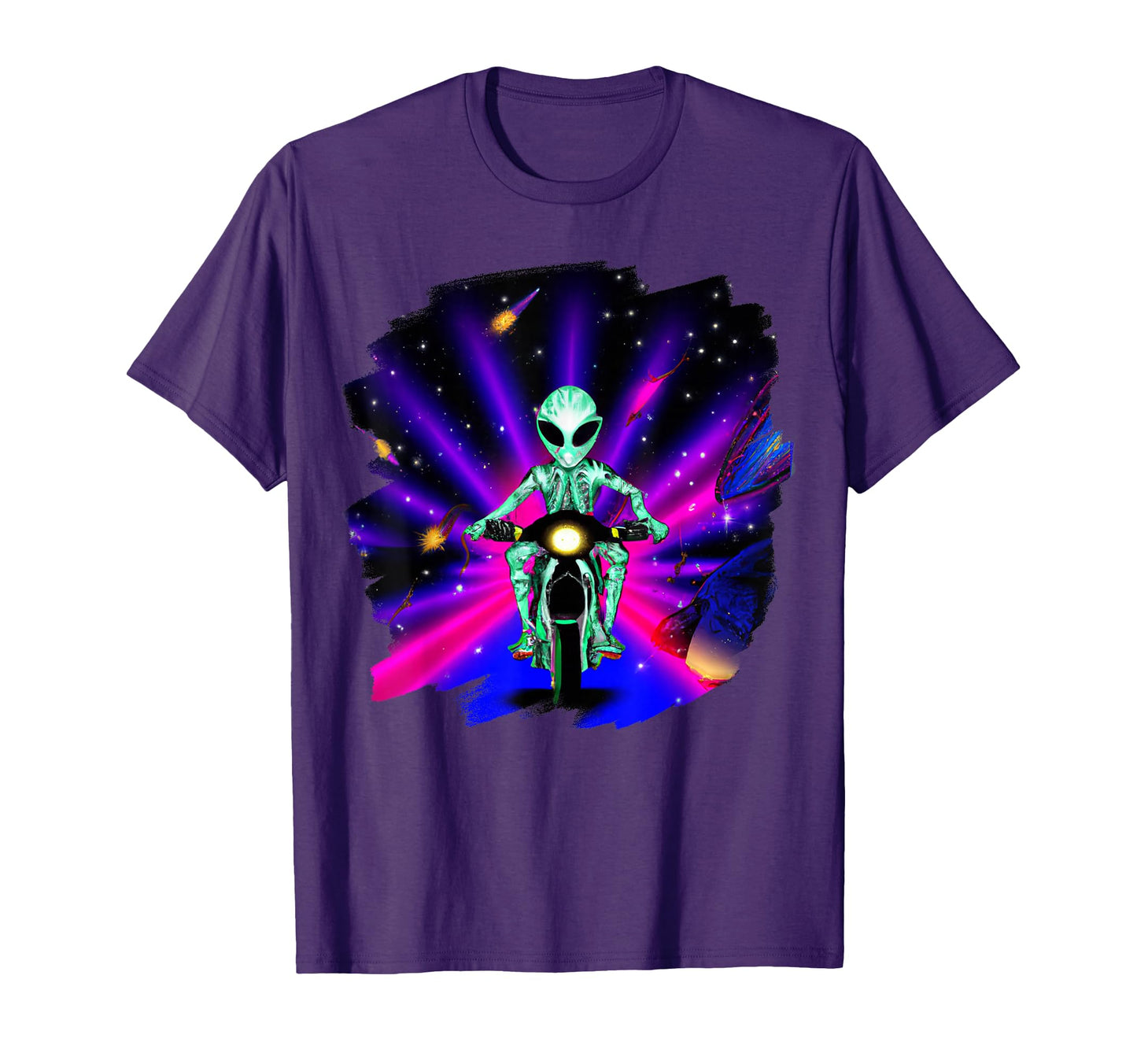 Alien Riding Motorcycle Dirt Bike Space T-Shirt - Unique Graphic Unisex - T-Shirt, Sweatshirt, Hoodie