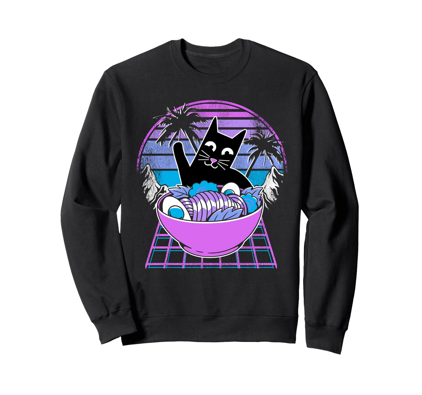 Ramen Cat Anime Retrowave Sunset 80S Sweatshirt - Novelty Apparel Unisex - T-Shirt, Sweatshirt, Hoodie