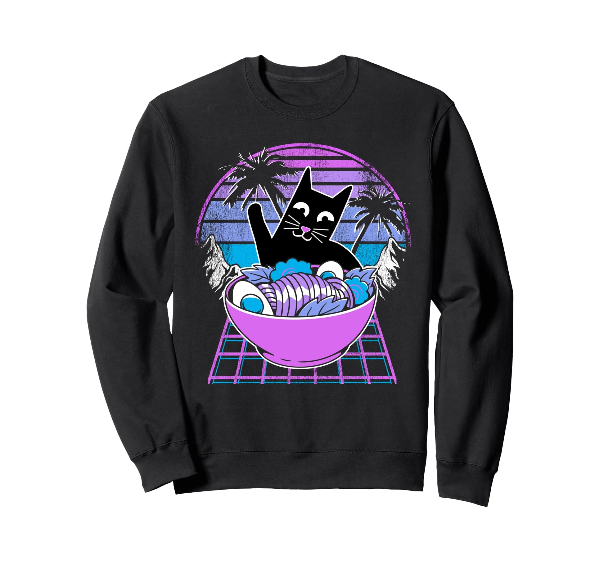 Ramen Cat Anime Retrowave Sunset 80S Sweatshirt - Novelty Apparel Unisex - T-Shirt, Sweatshirt, Hoodie