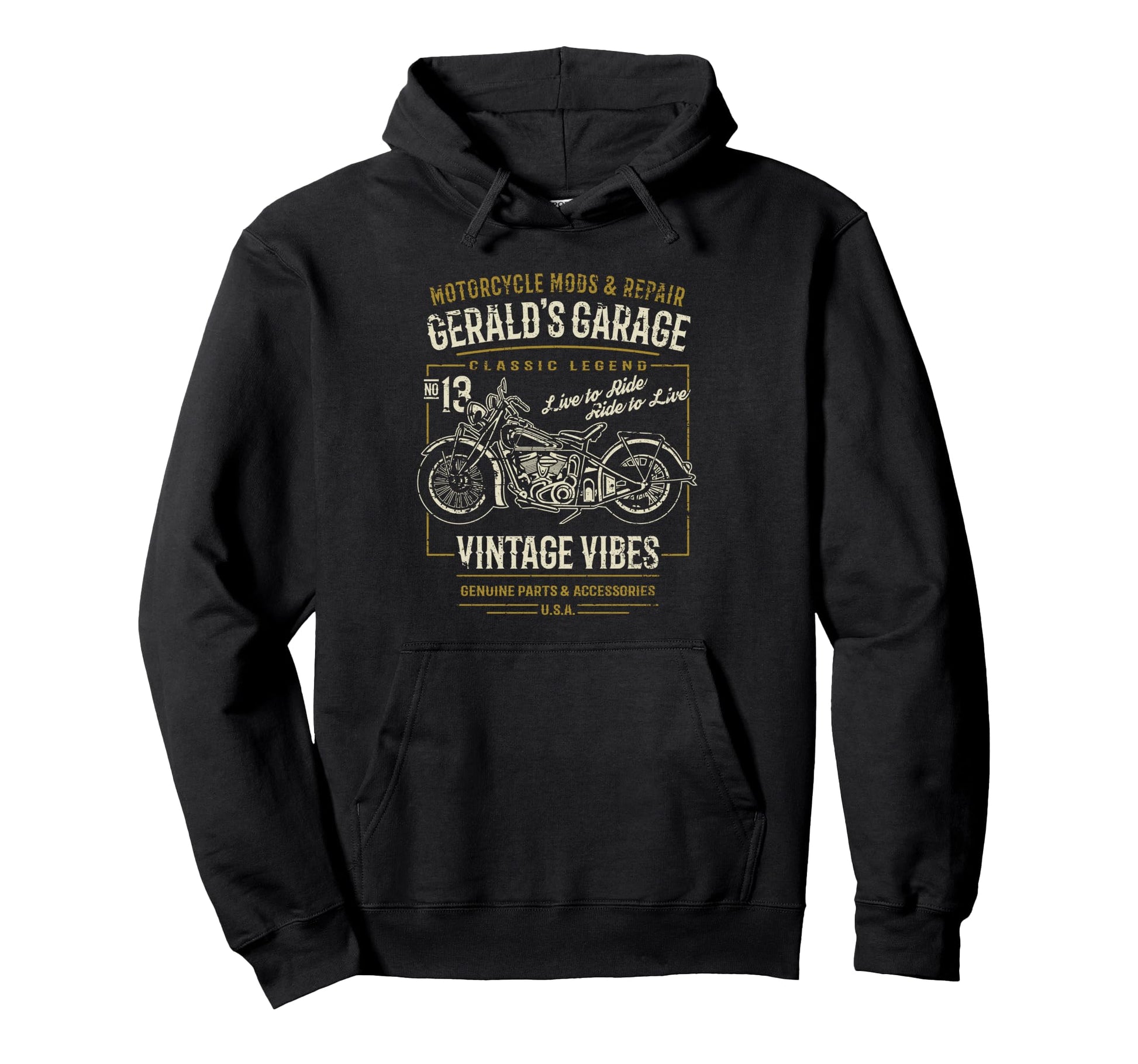 Geralds Garage Motorcycle Distressed Hoodie - Novelty Apparel Unisex - T-Shirt, Sweatshirt, Hoodie