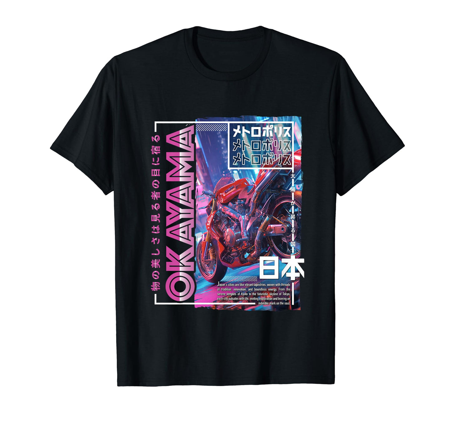 Okayama City 80S Synthwave Motorcycle T-Shirt - Minimalist Print Unisex - T-Shirt, Sweatshirt, Hoodie