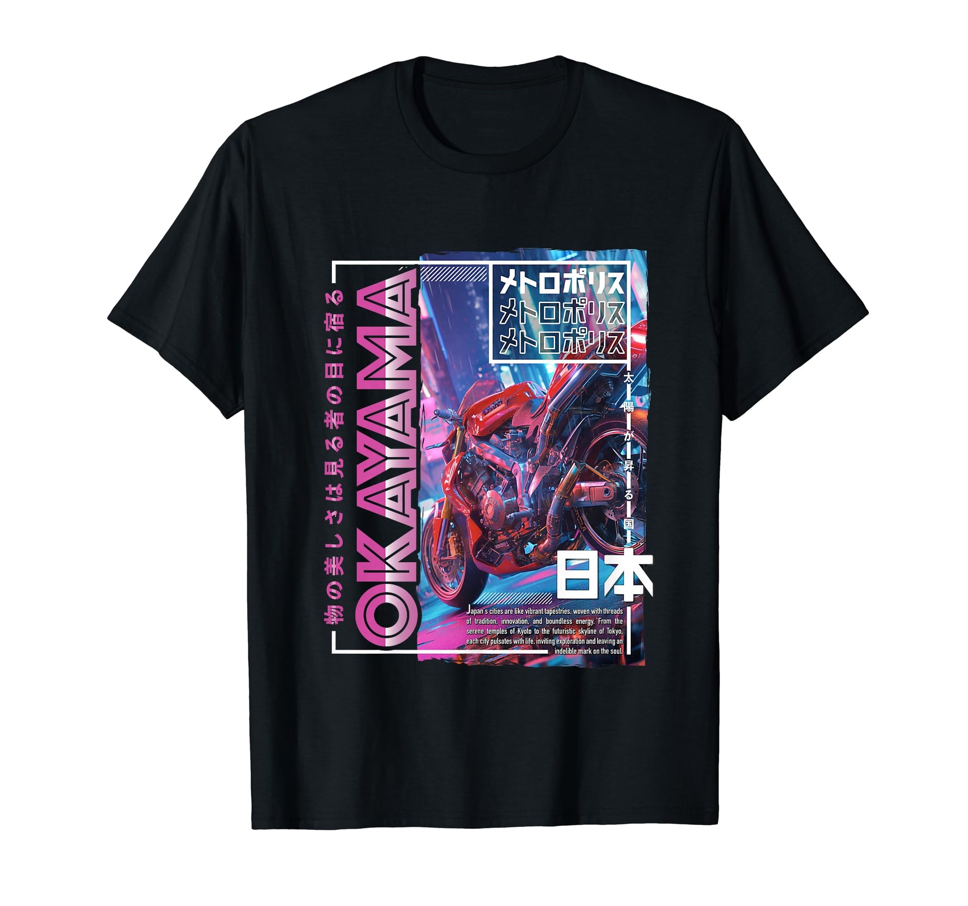 Okayama City 80S Synthwave Motorcycle T-Shirt - Minimalist Print Unisex - T-Shirt, Sweatshirt, Hoodie