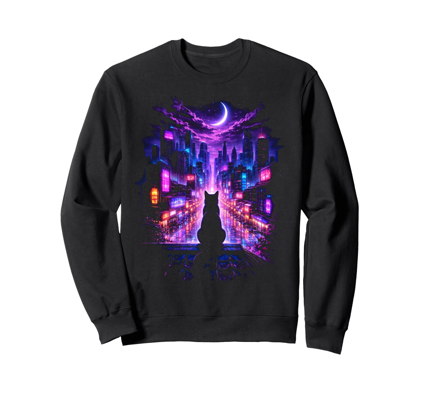 Cyberpunk City Cat Vaporwave Night Sweatshirt - Unique Graphic Men Women - T-Shirt, Sweatshirt, Hoodie