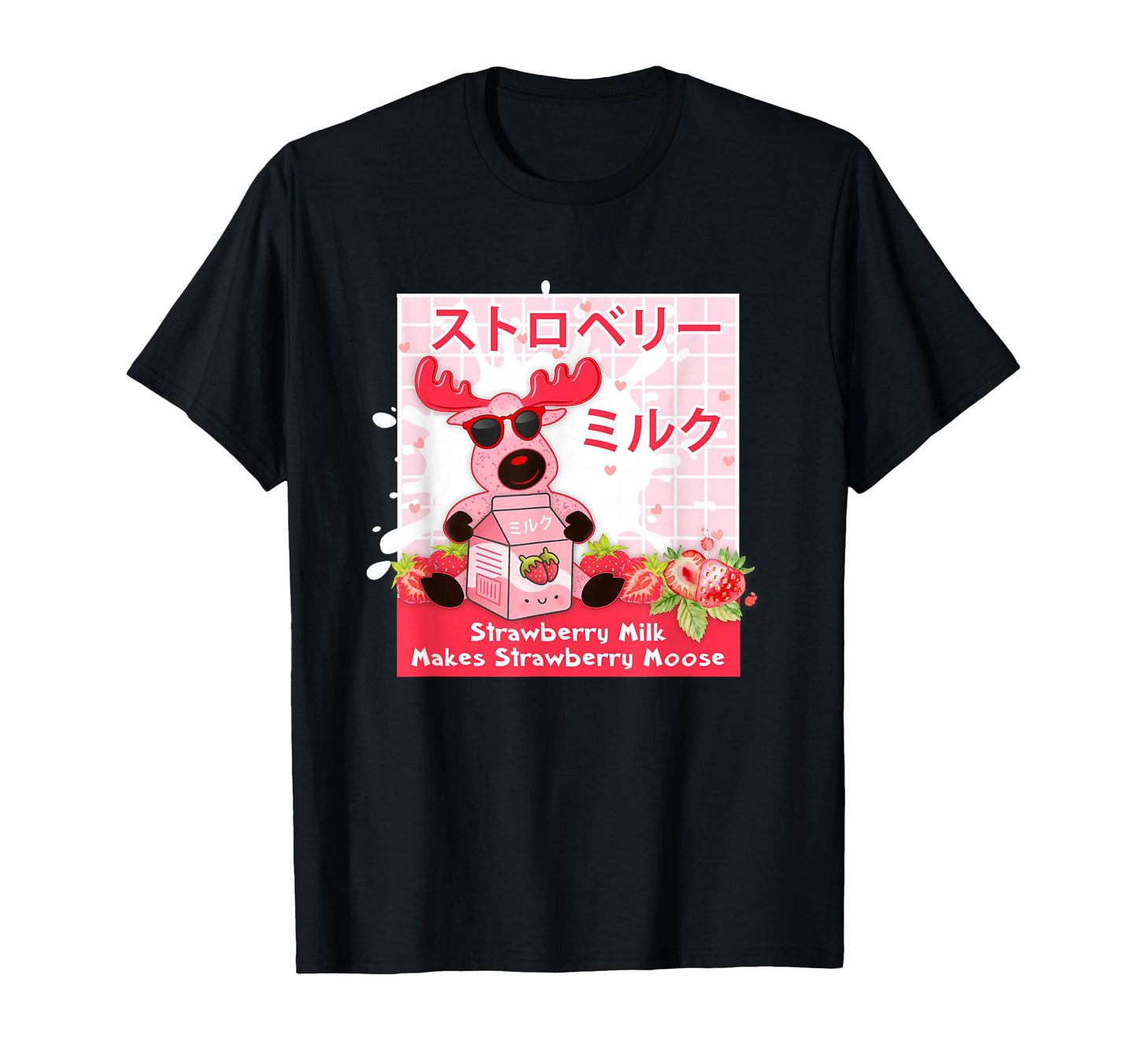 Moose Strawberry Milk Vaporwave T-Shirt - Casual Everyday Wear Unisex - T-Shirt, Sweatshirt, Hoodie