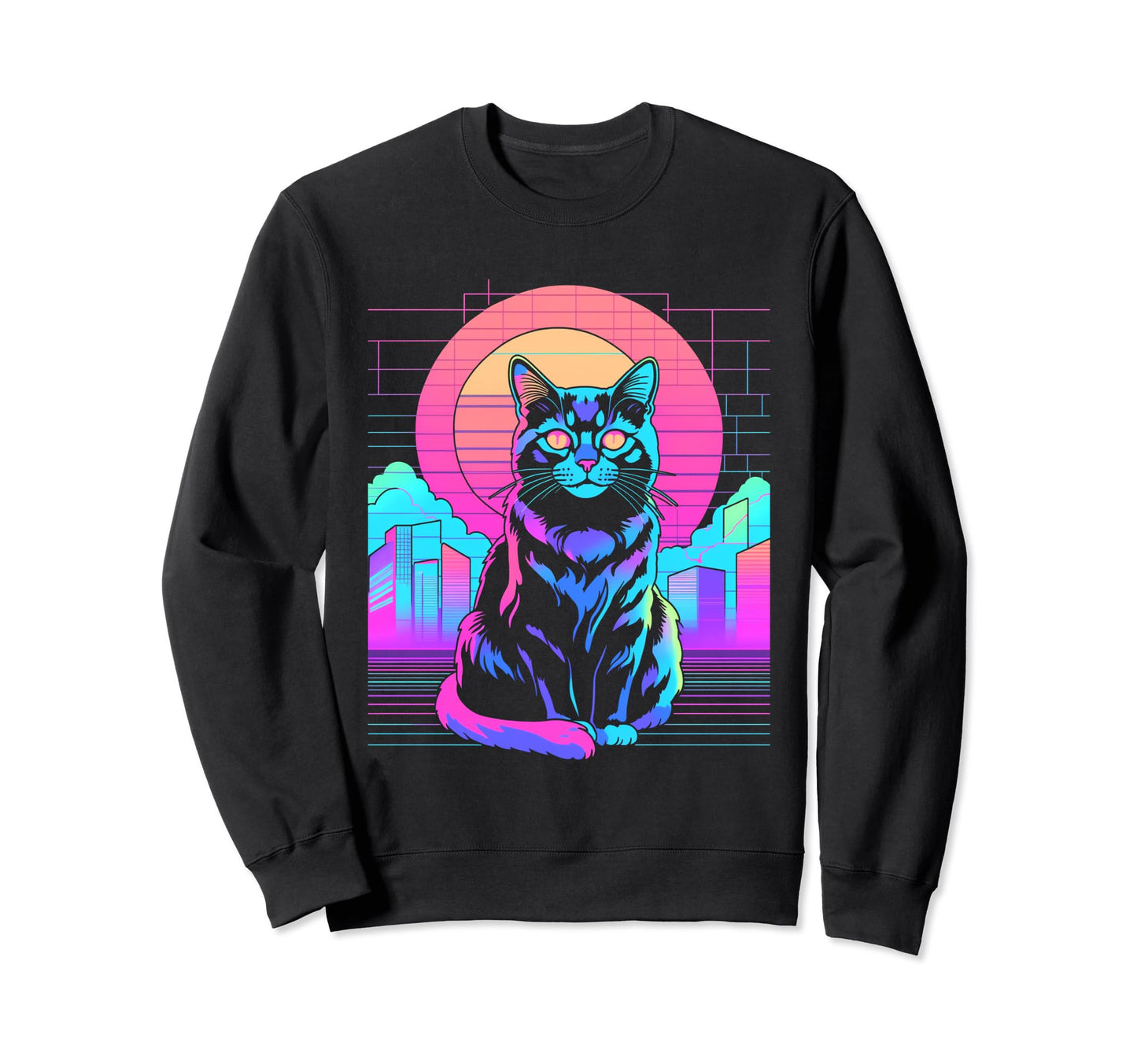 Sunset Vaporwave Aesthetic Cat Sweatshirt - Fun Novelty Design Men Women - T-Shirt, Sweatshirt, Hoodie