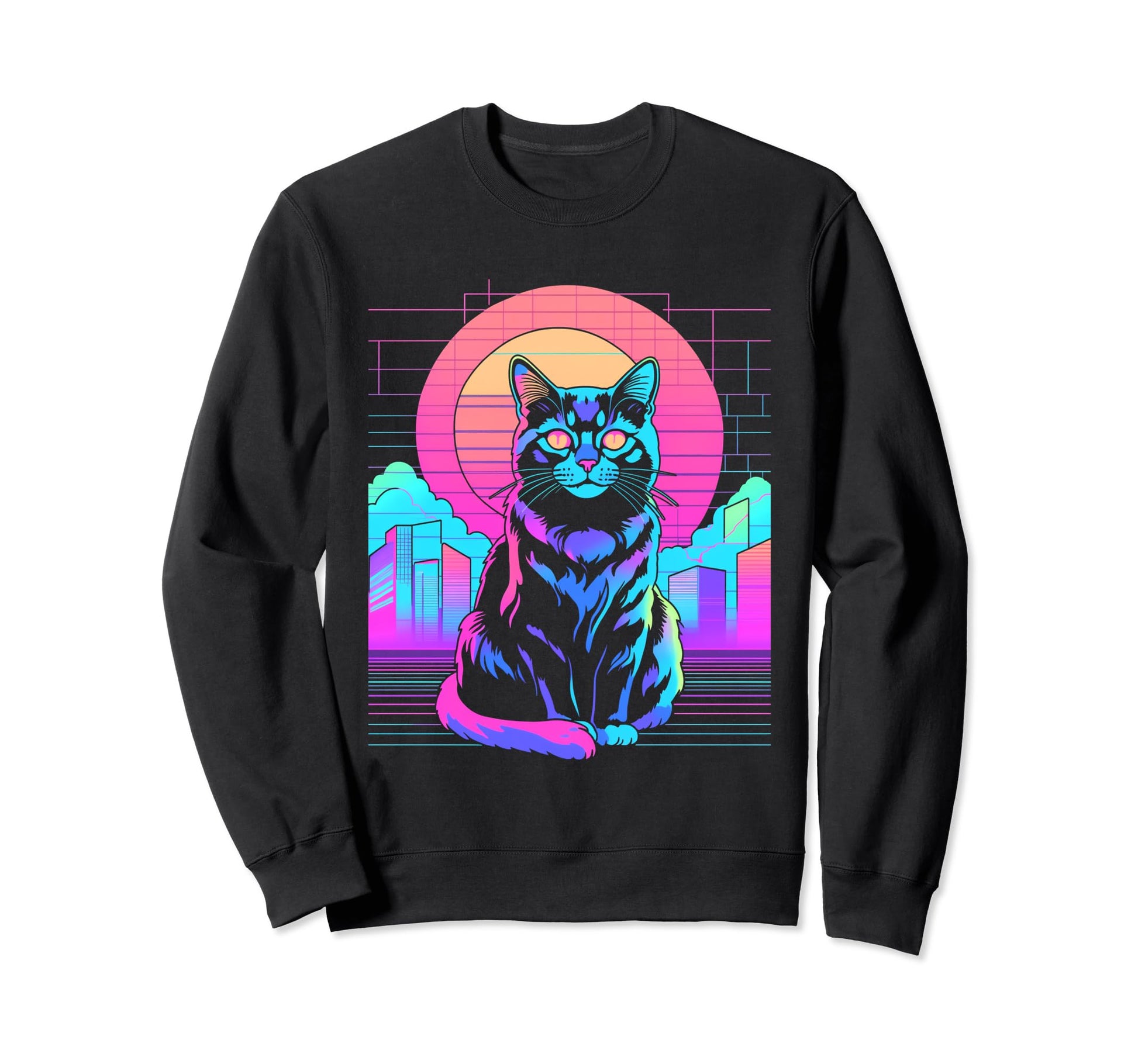 Sunset Vaporwave Aesthetic Cat Sweatshirt - Fun Novelty Design Men Women - T-Shirt, Sweatshirt, Hoodie