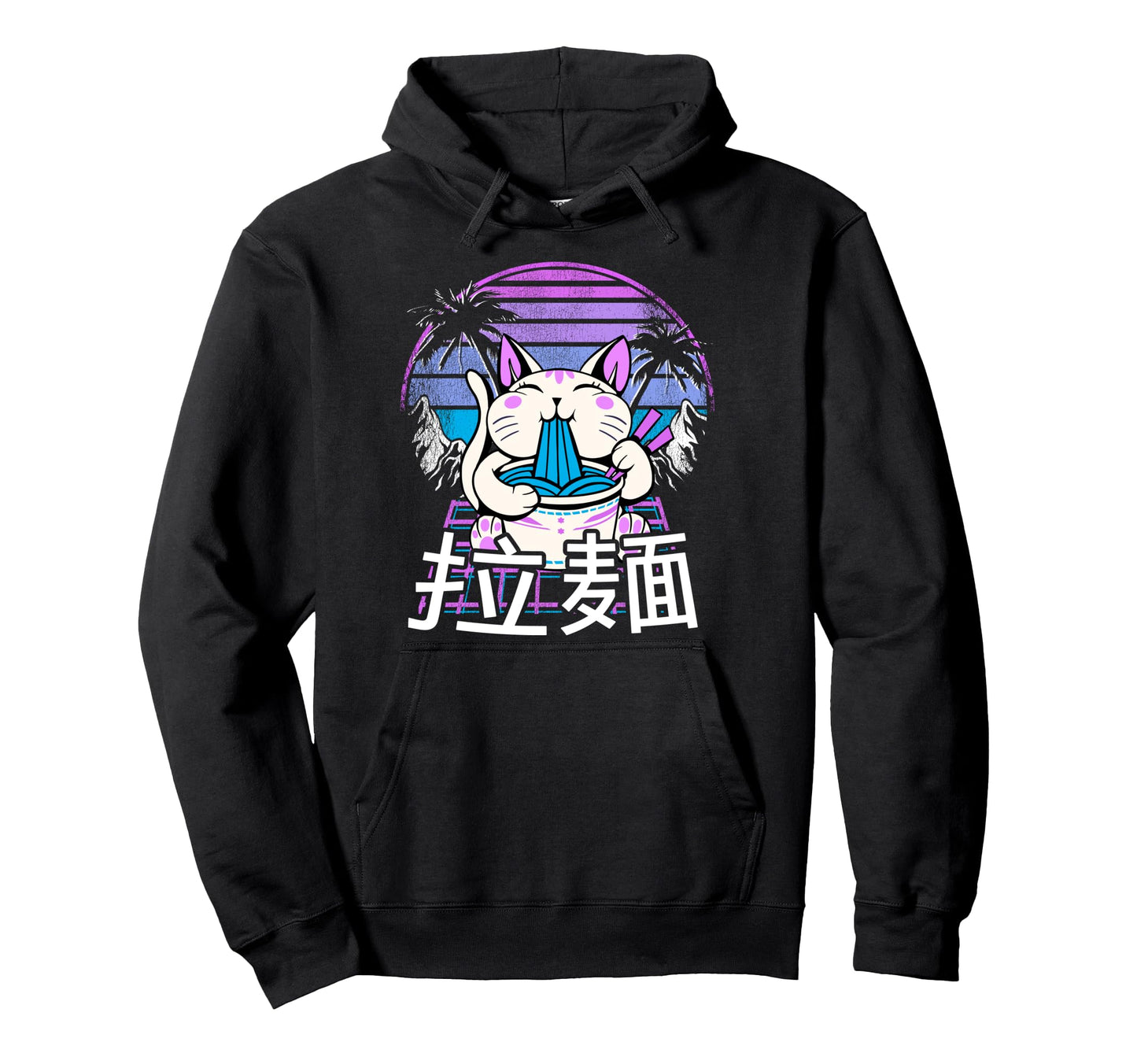 Ramen Cat Anime Retrowave Sunset 80S Hoodie - Streetwear Style for Adults - T-Shirt, Sweatshirt, Hoodie