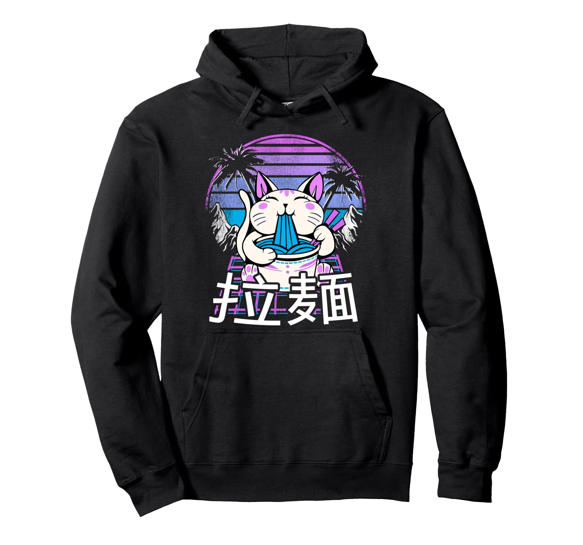 Ramen Cat Anime Retrowave Sunset 80S Hoodie - Streetwear Style for Adults - T-Shirt, Sweatshirt, Hoodie