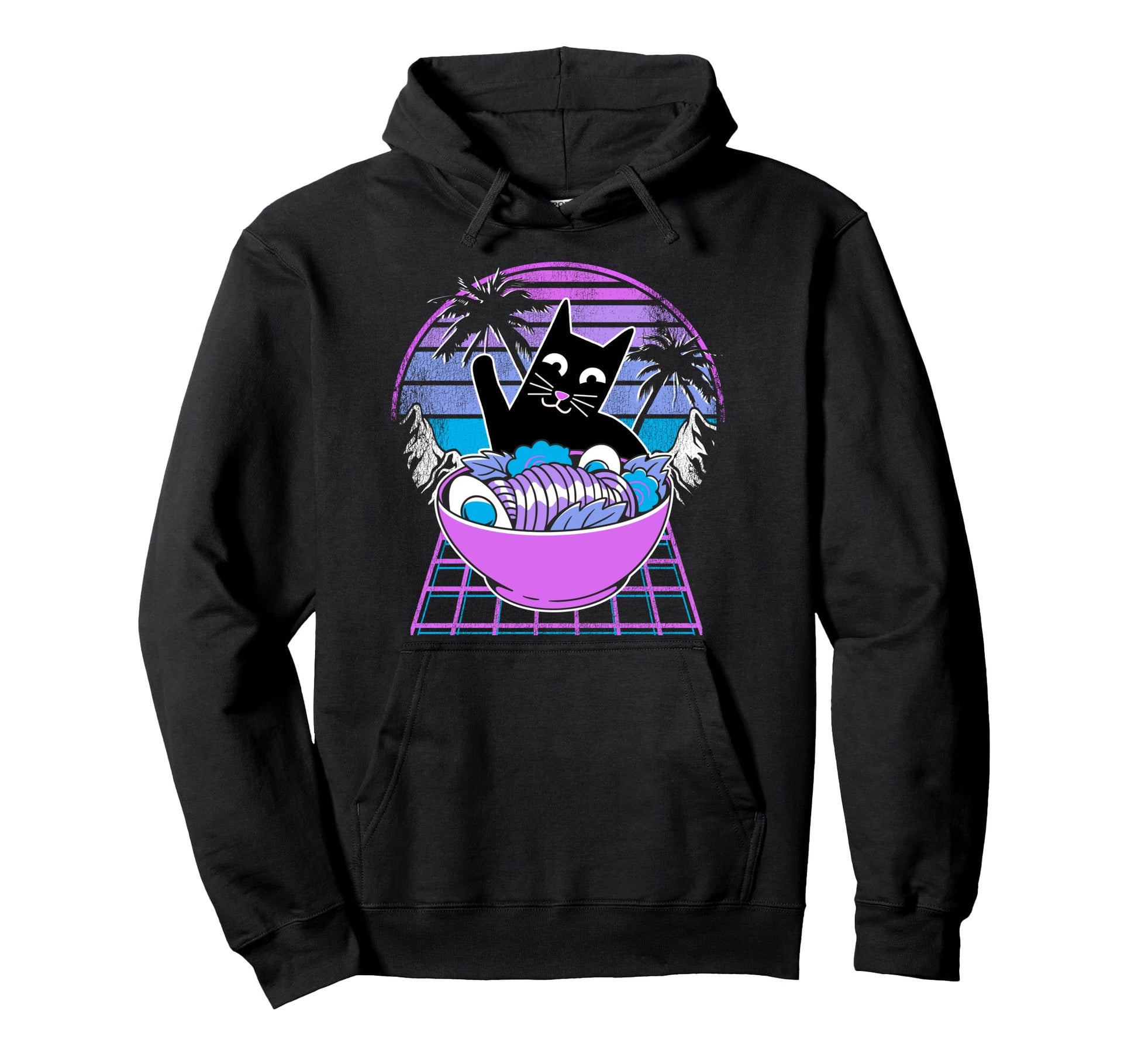 Ramen Cat Anime Retrowave Sunset 80S Hoodie - Graphic Print for Adults - T-Shirt, Sweatshirt, Hoodie