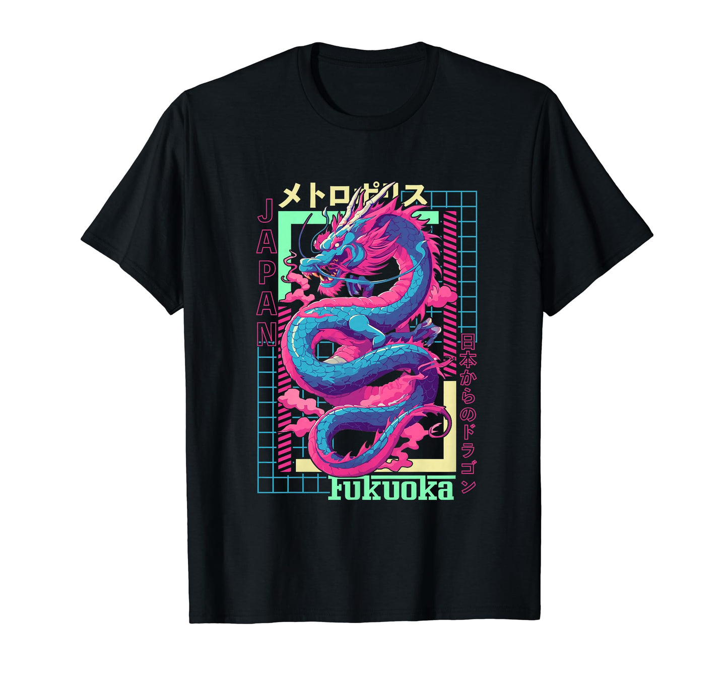 Fukuoka City Synthwave 80S Dragon Asian T-Shirt - Trendy Graphic Unisex - T-Shirt, Sweatshirt, Hoodie